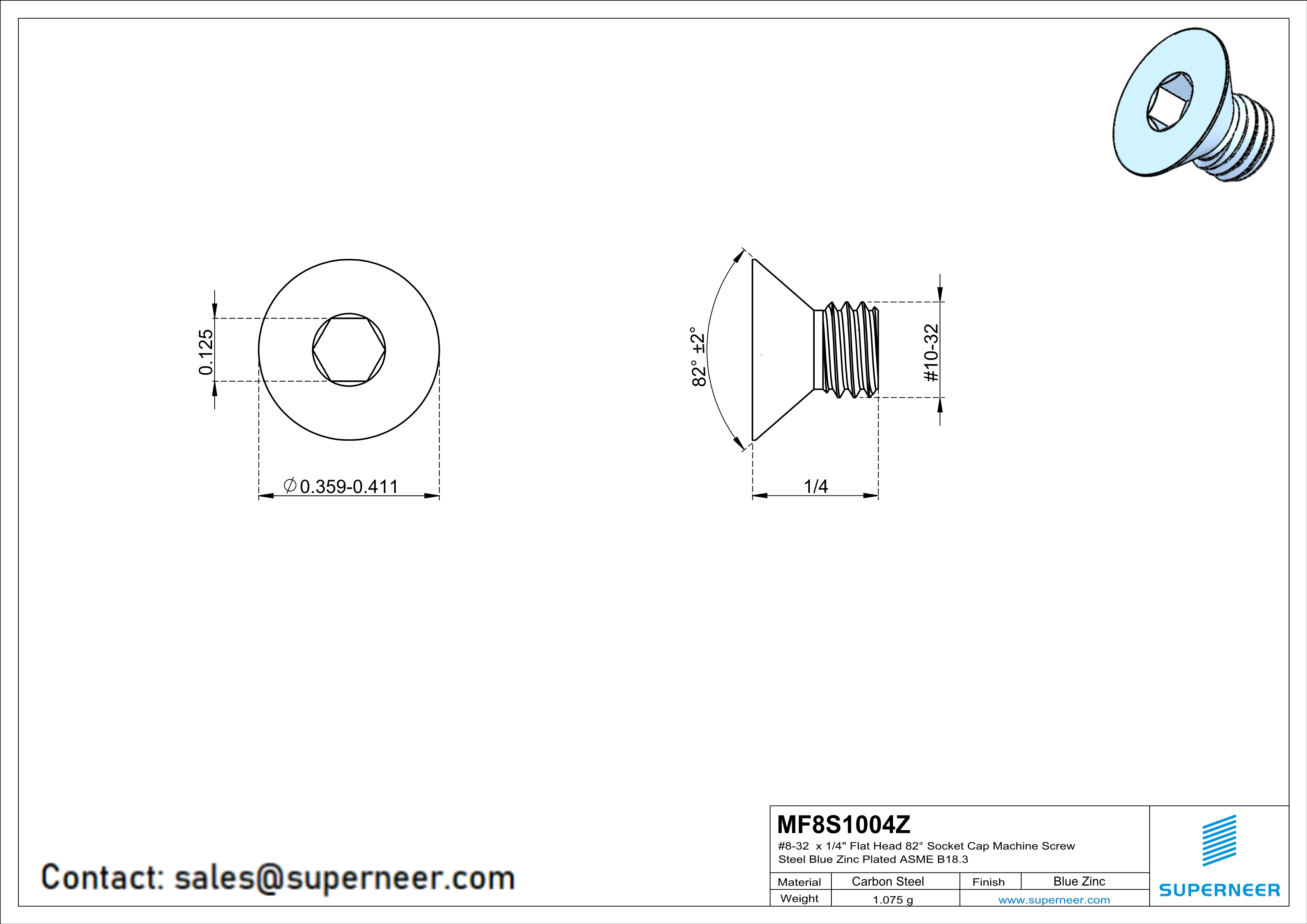 10-32 x 1/4" Flat Head 82° Socket Cap Machine Screw Steel Blue Zinc Plated ASME B18.3