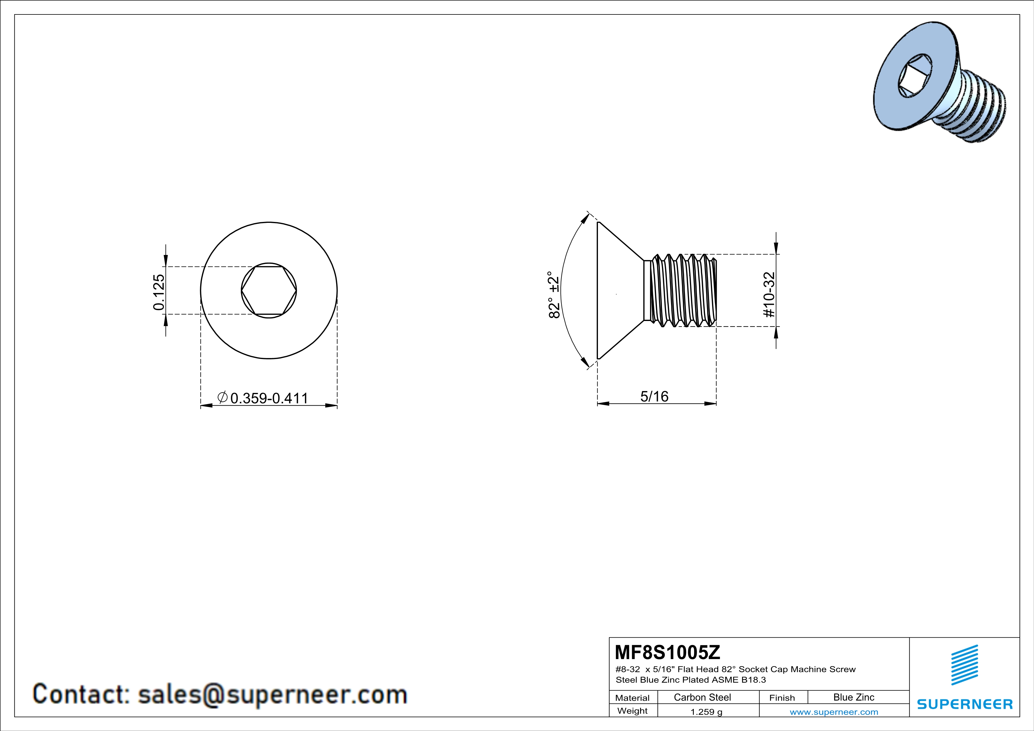 10-32 x 5/16 " Flat Head 82° Socket Cap Machine Screw Steel Blue Zinc Plated ASME B18.3