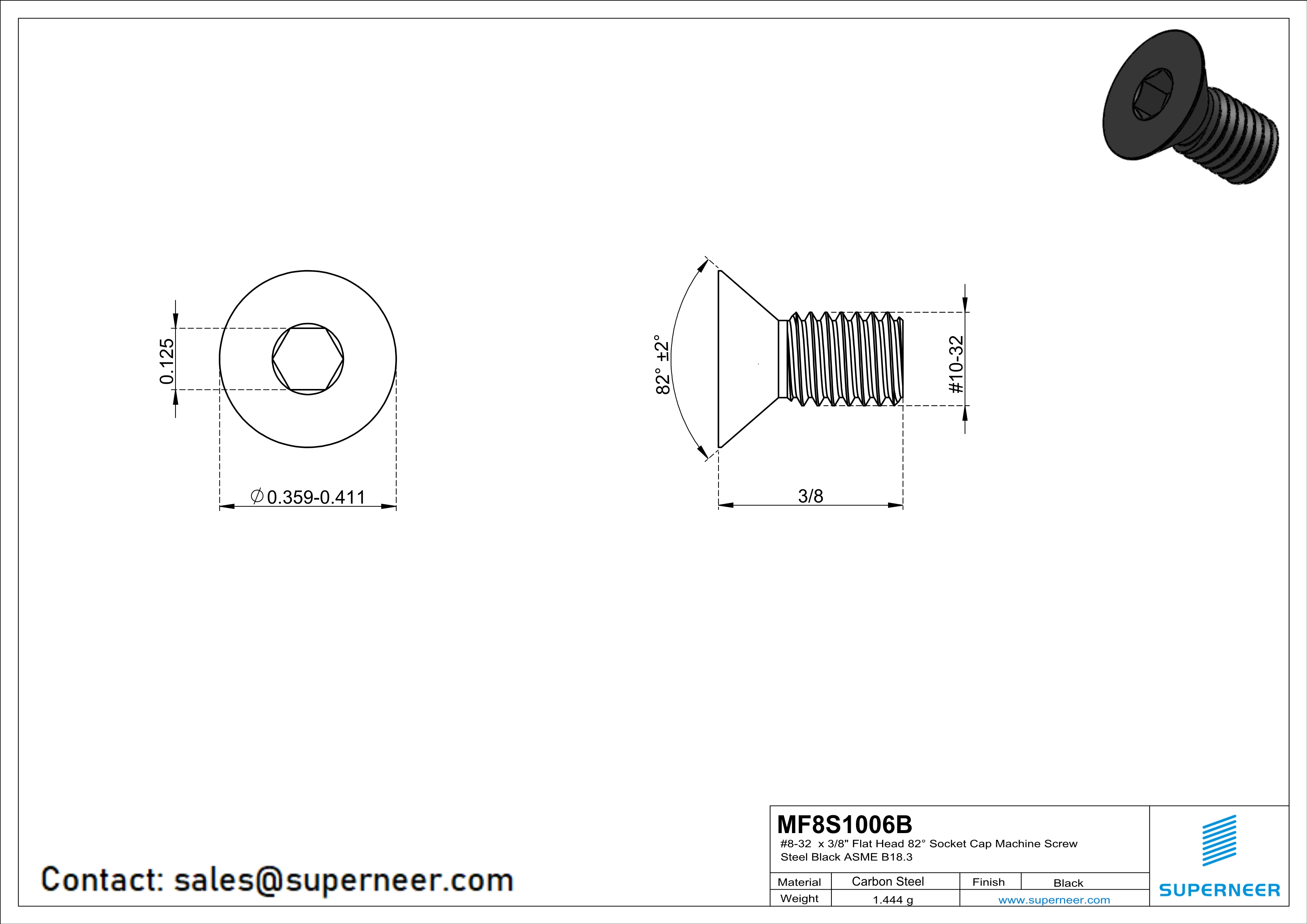 10-32 x 3/8 " Flat Head 82° Socket Cap Machine Screw Steel Black ASME B18.3
