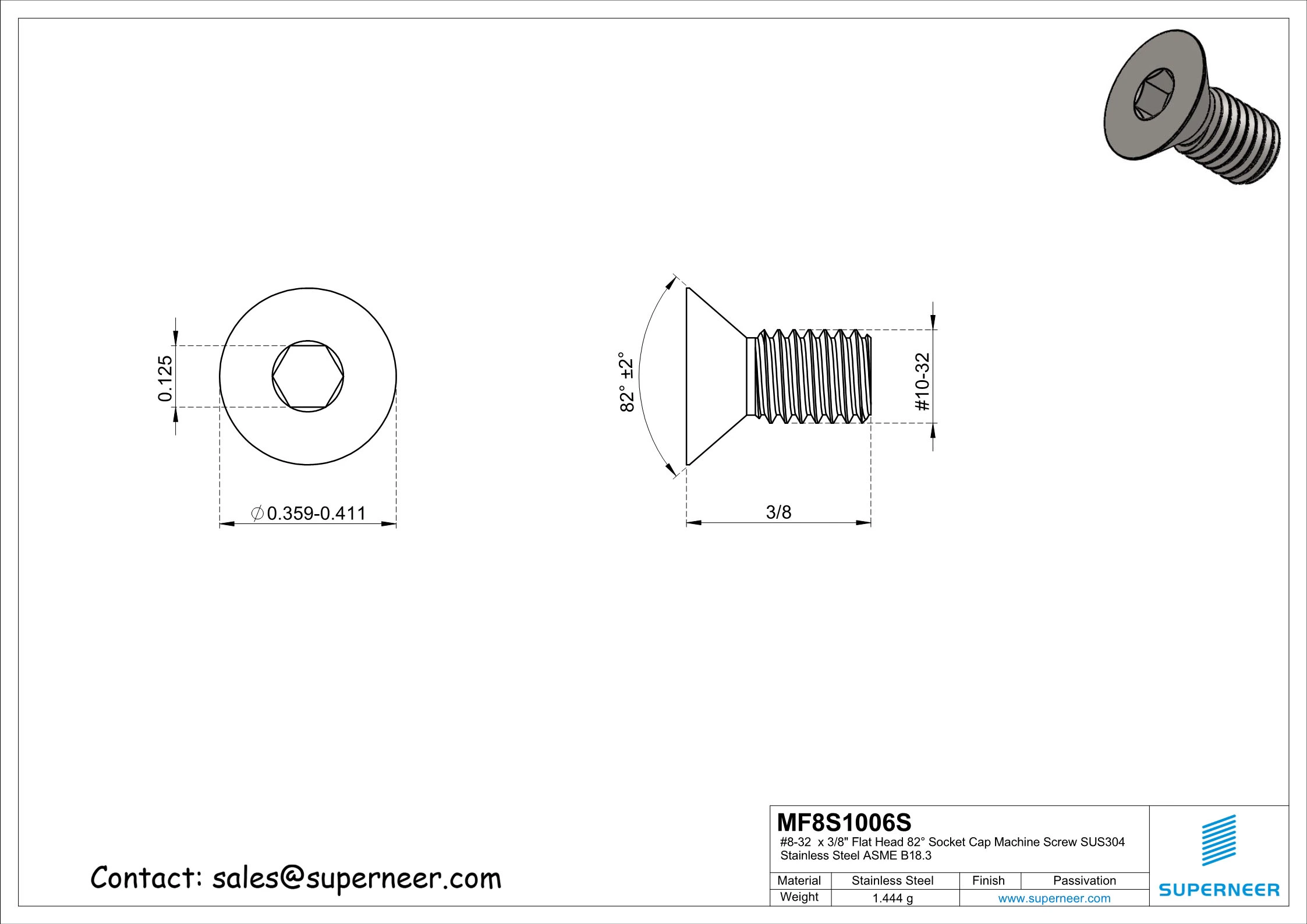 10-32 x 3/8 " Flat Head 82° Socket Cap Machine Screw SUS304 Stainless Steel Inox ASME B18.3