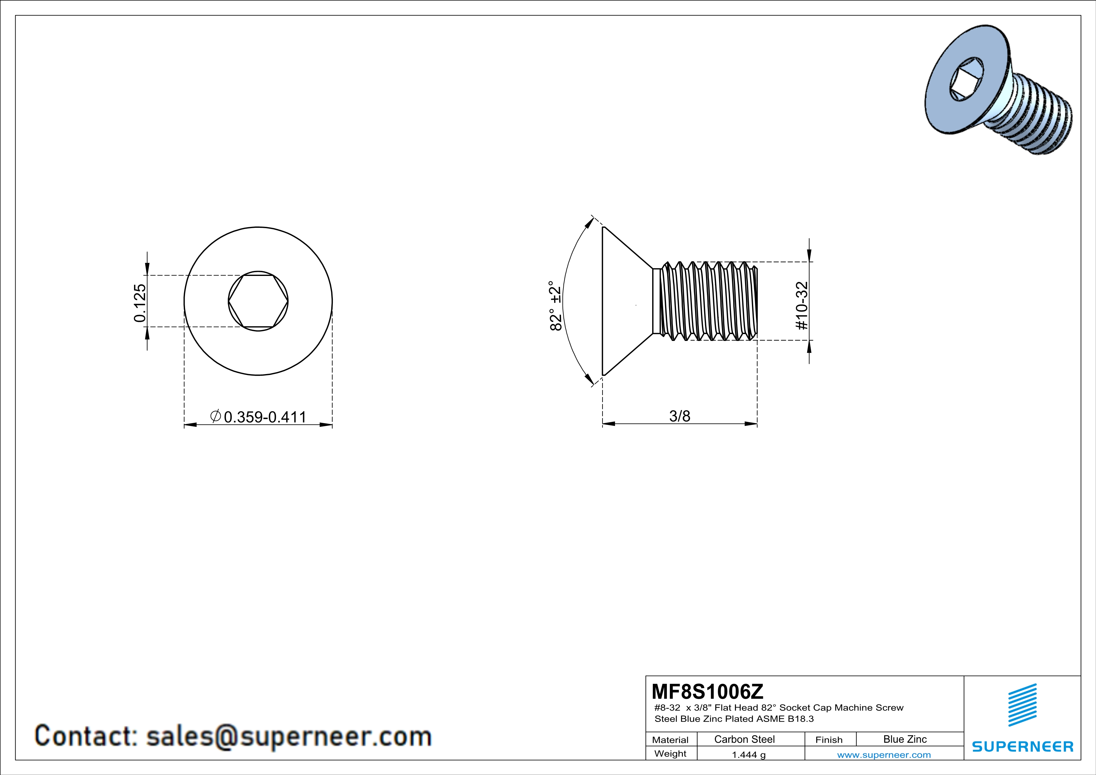 10-32 x 3/8 " Flat Head 82° Socket Cap Machine Screw Steel Blue Zinc Plated ASME B18.3