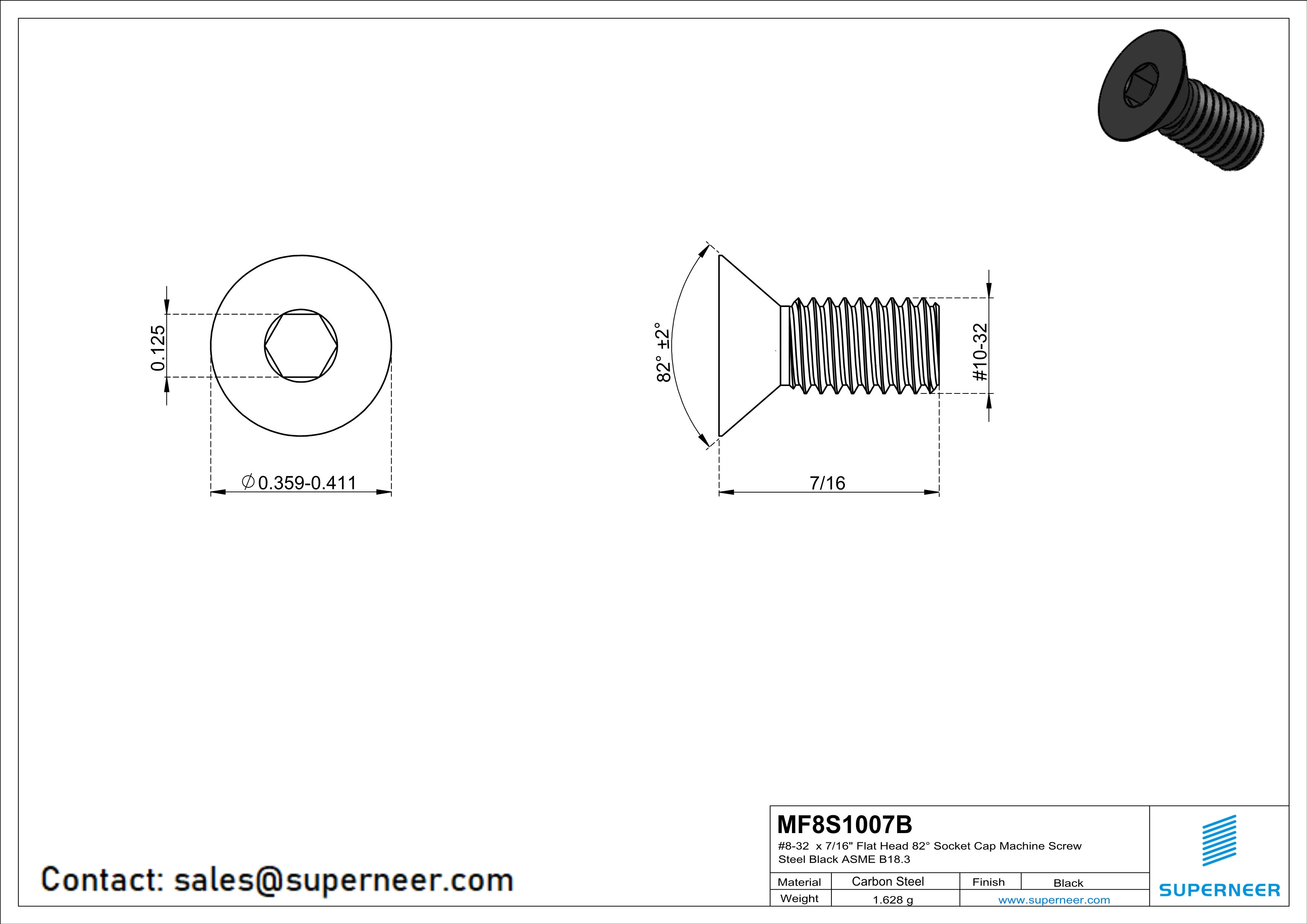 10-32 x 7/16" Flat Head 82° Socket Cap Machine Screw Steel Black ASME B18.3