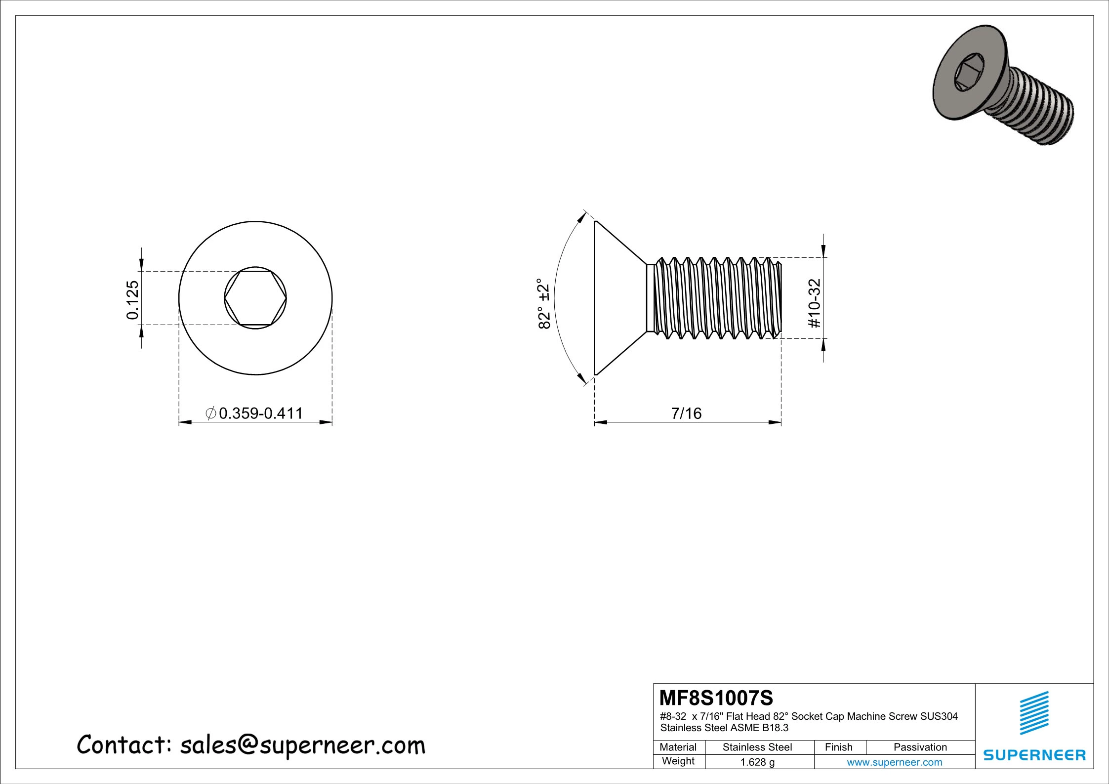 10-32 x 7/16" Flat Head 82° Socket Cap Machine Screw SUS304 Stainless Steel Inox ASME B18.3