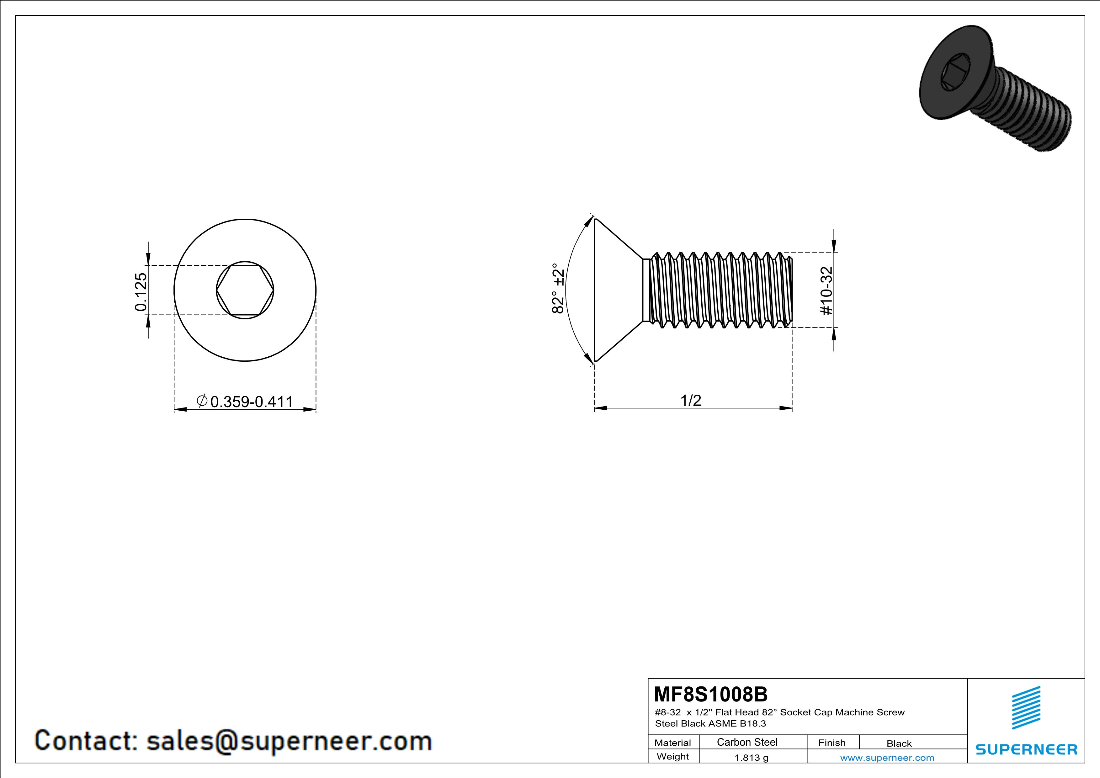 10-32 x 1/2"Flat Head 82° Socket Cap Machine Screw Steel Black ASME B18.3