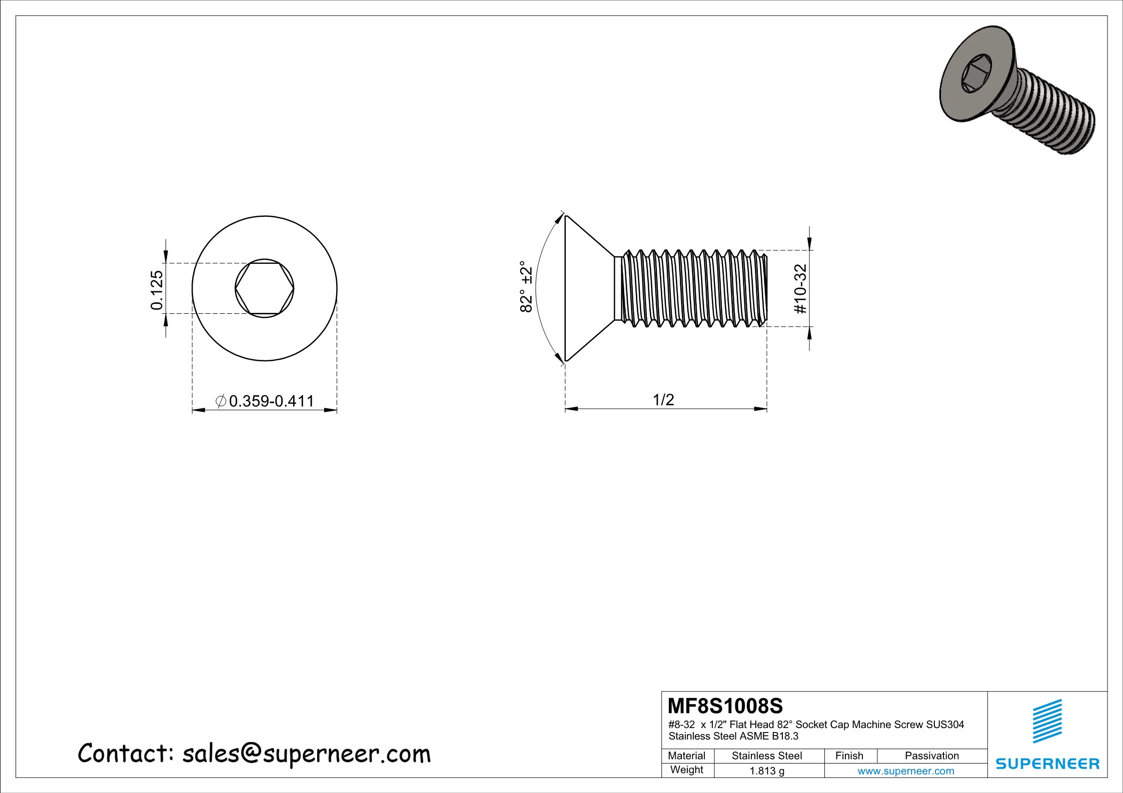 10-32 x 1/2" Flat Head 82° Socket Cap Machine Screw SUS304 Stainless Steel Inox ASME B18.3