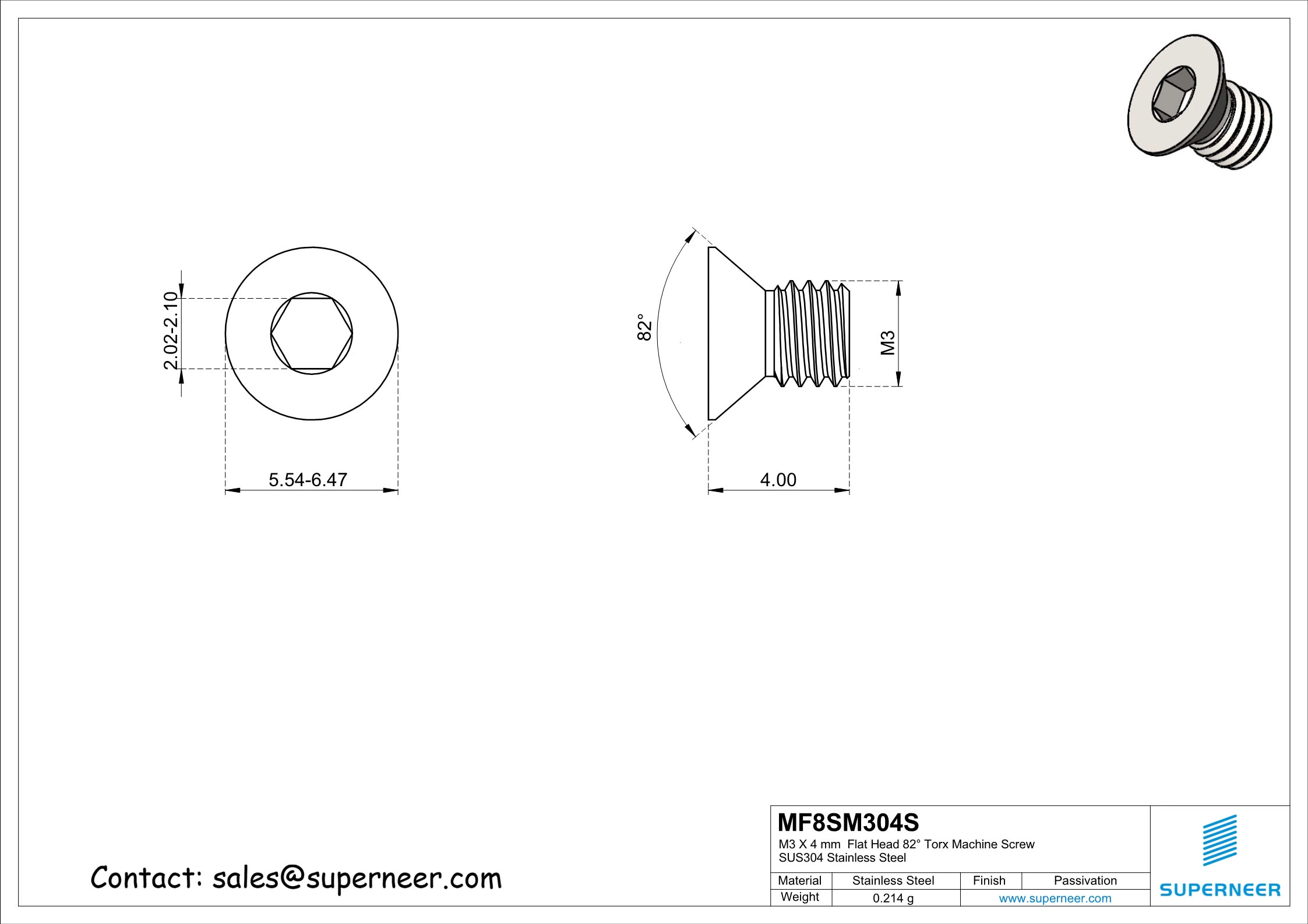 M3 x 4 mm Flat Head 82° Socket Cap Machine Screw SUS304 Stainless Steel Inox