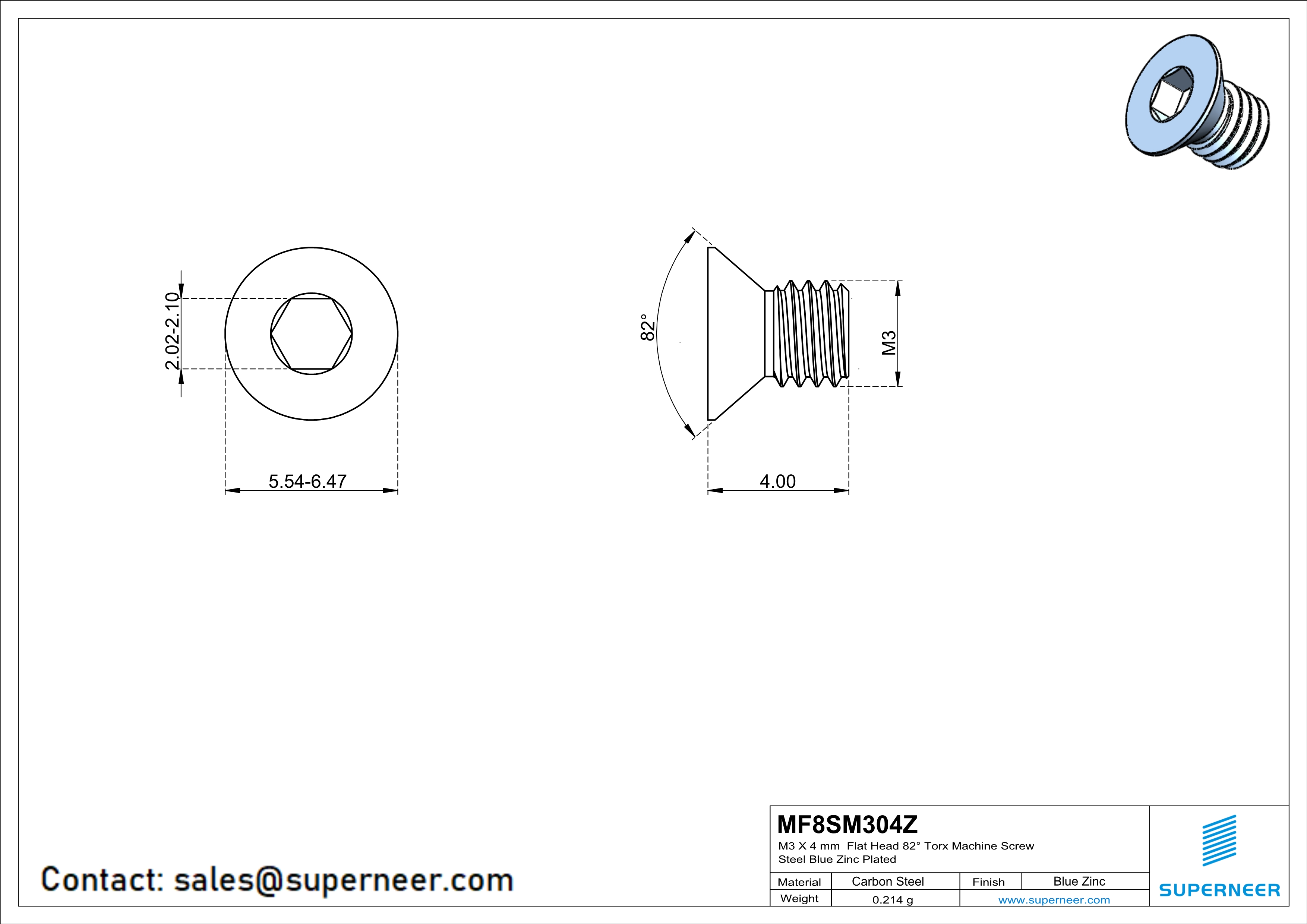 M3 x 4 mm Flat Head 82° Socket Cap Machine Screw Steel Blue Zinc Plated