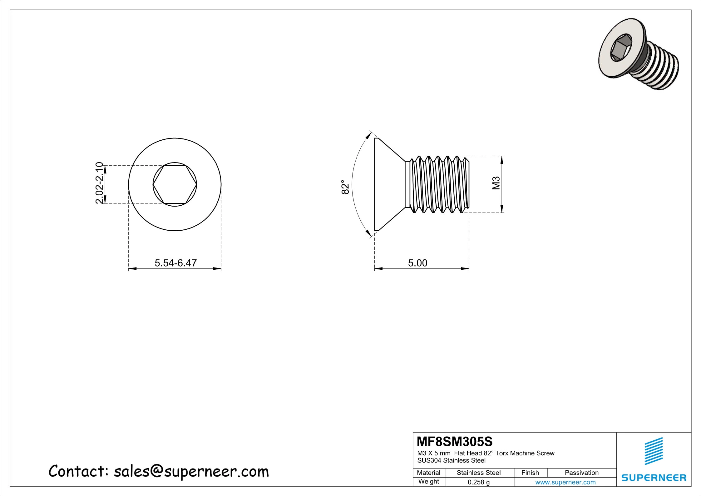 M3 x 5 mm Flat Head 82° Socket Cap Machine Screw SUS304 Stainless Steel Inox