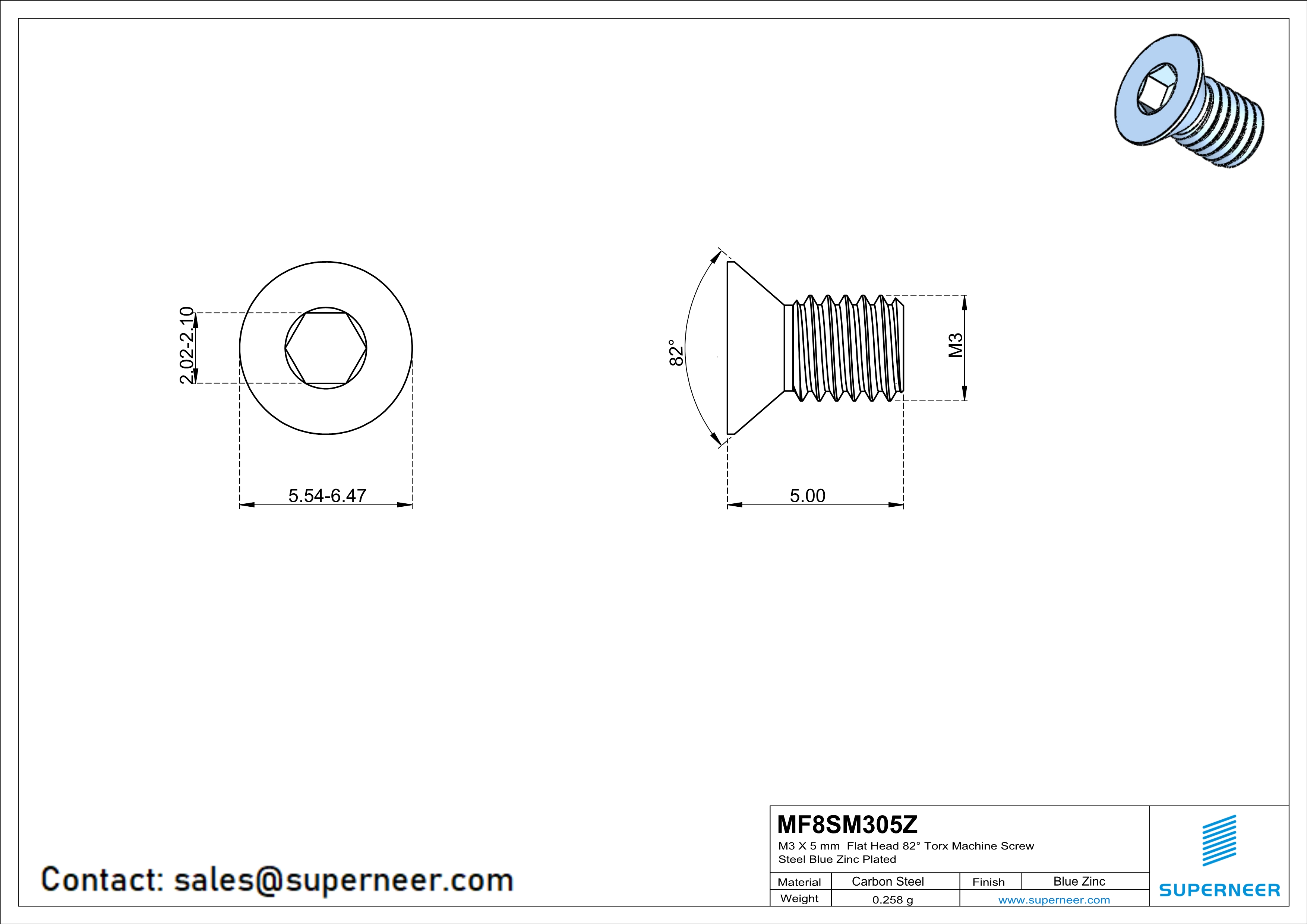 M3 x 5 mm Flat Head 82° Socket Cap Machine Screw Steel Blue Zinc Plated
