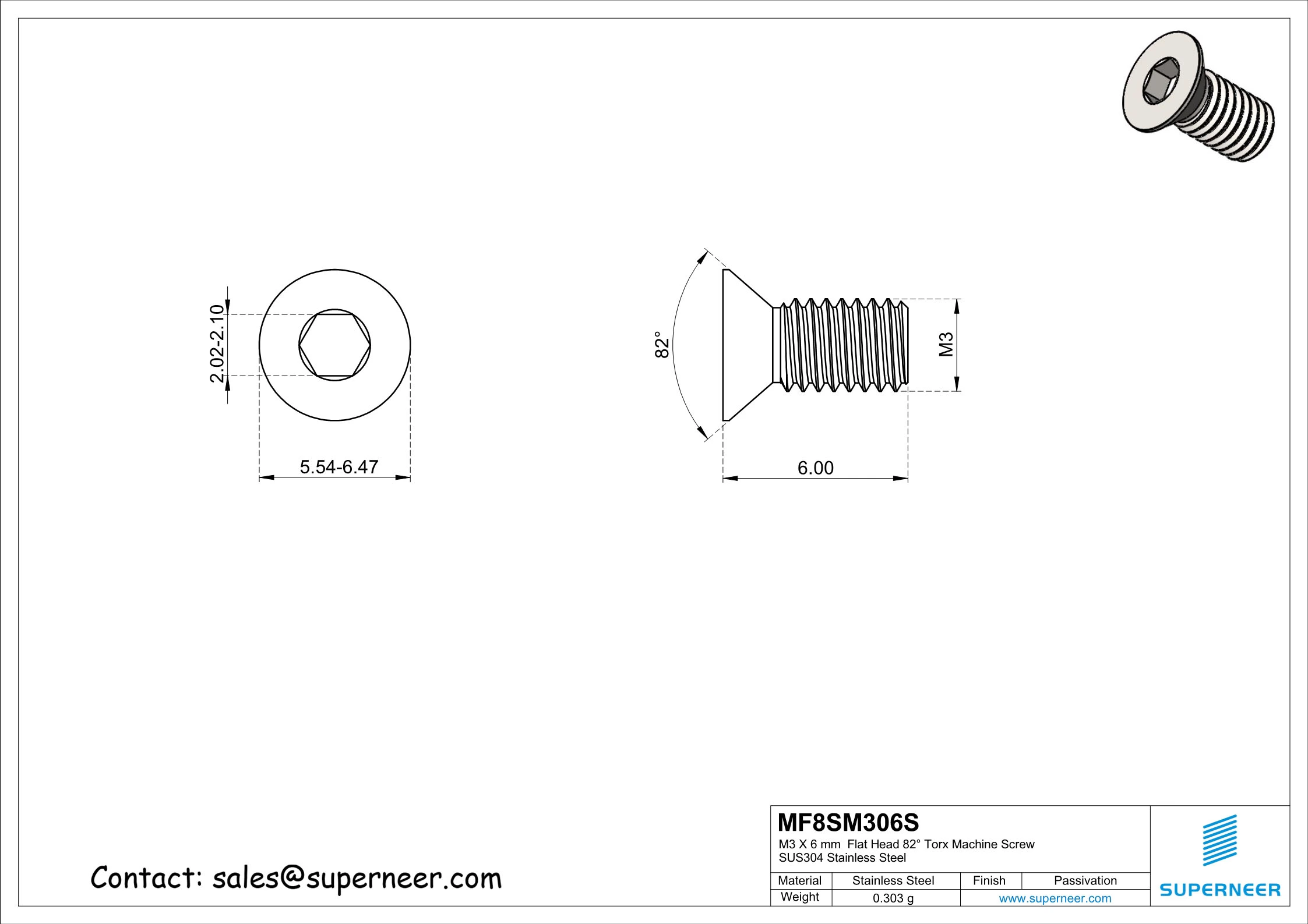 M3 x 6 mm Flat Head 82° Socket Cap Machine Screw SUS304 Stainless Steel Inox