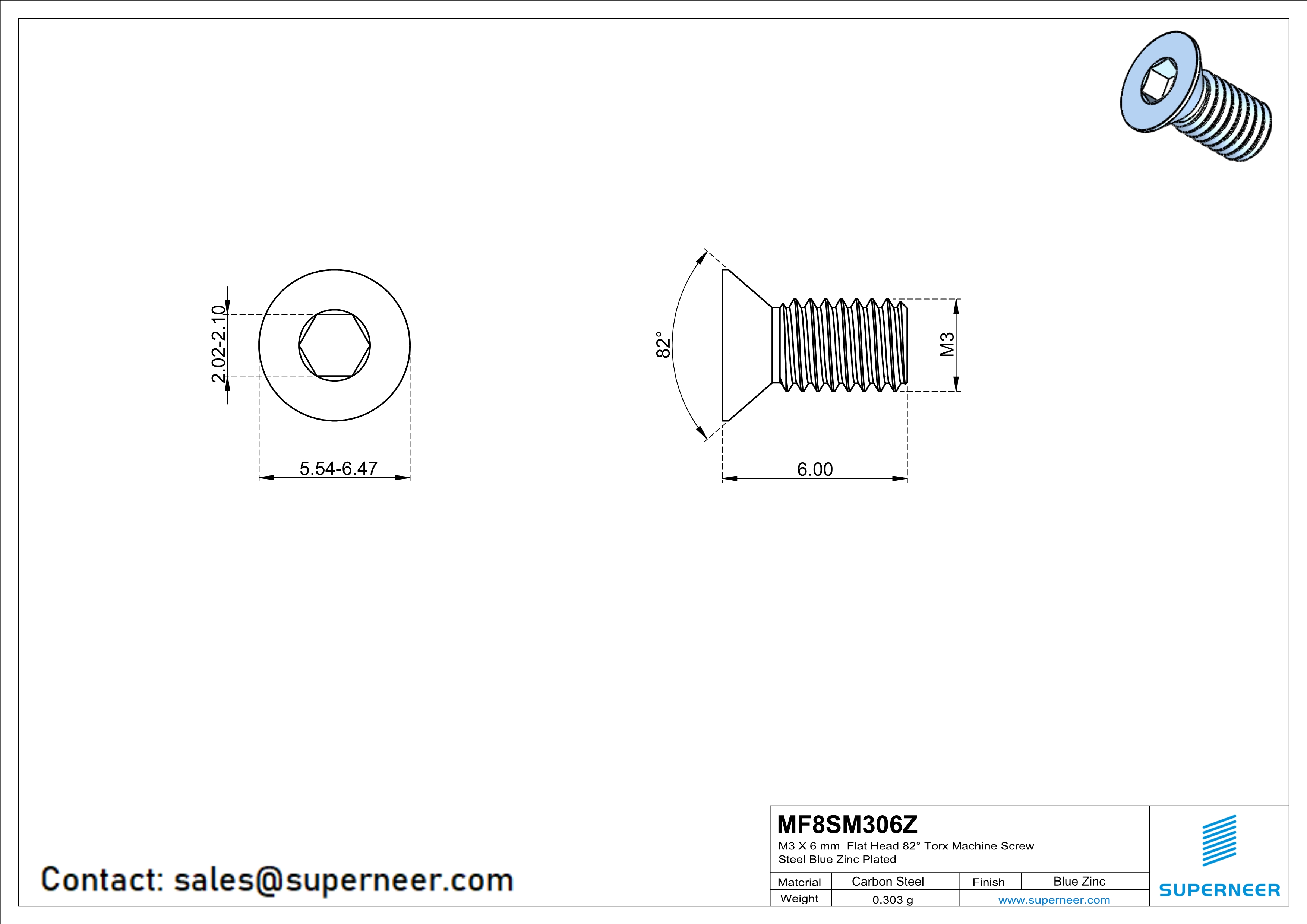 M3 x 6 mm Flat Head 82° Socket Cap Machine Screw Steel Blue Zinc Plated