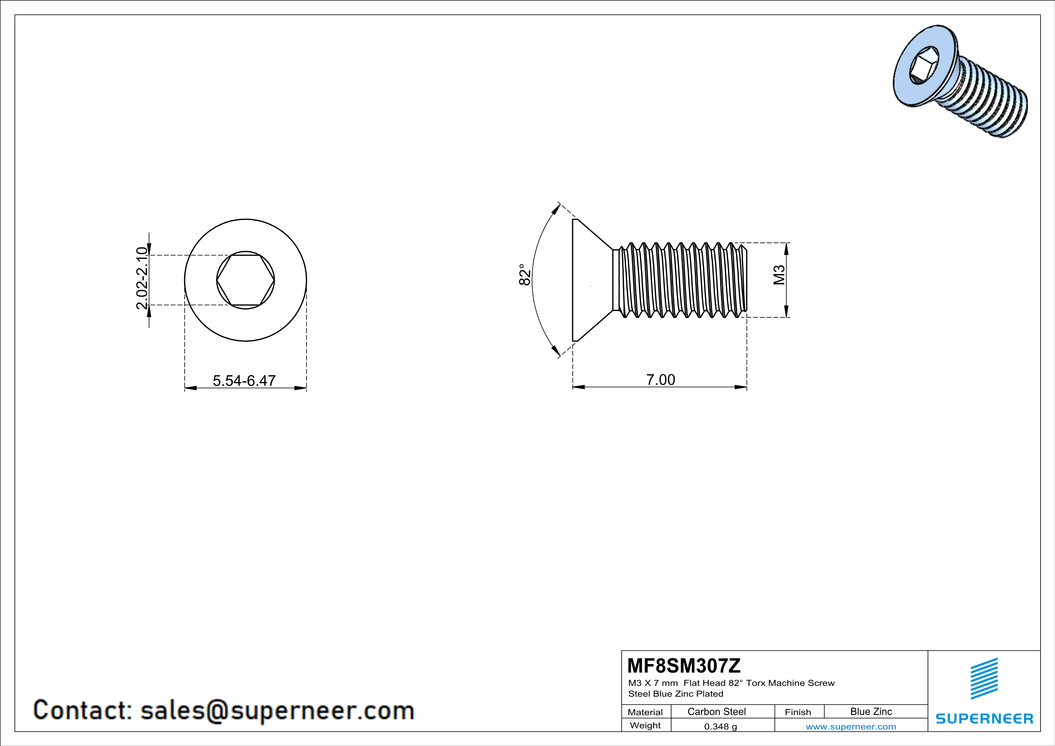 M3 x 7 mm Flat Head 82° Socket Cap Machine Screw Steel Blue Zinc Plated