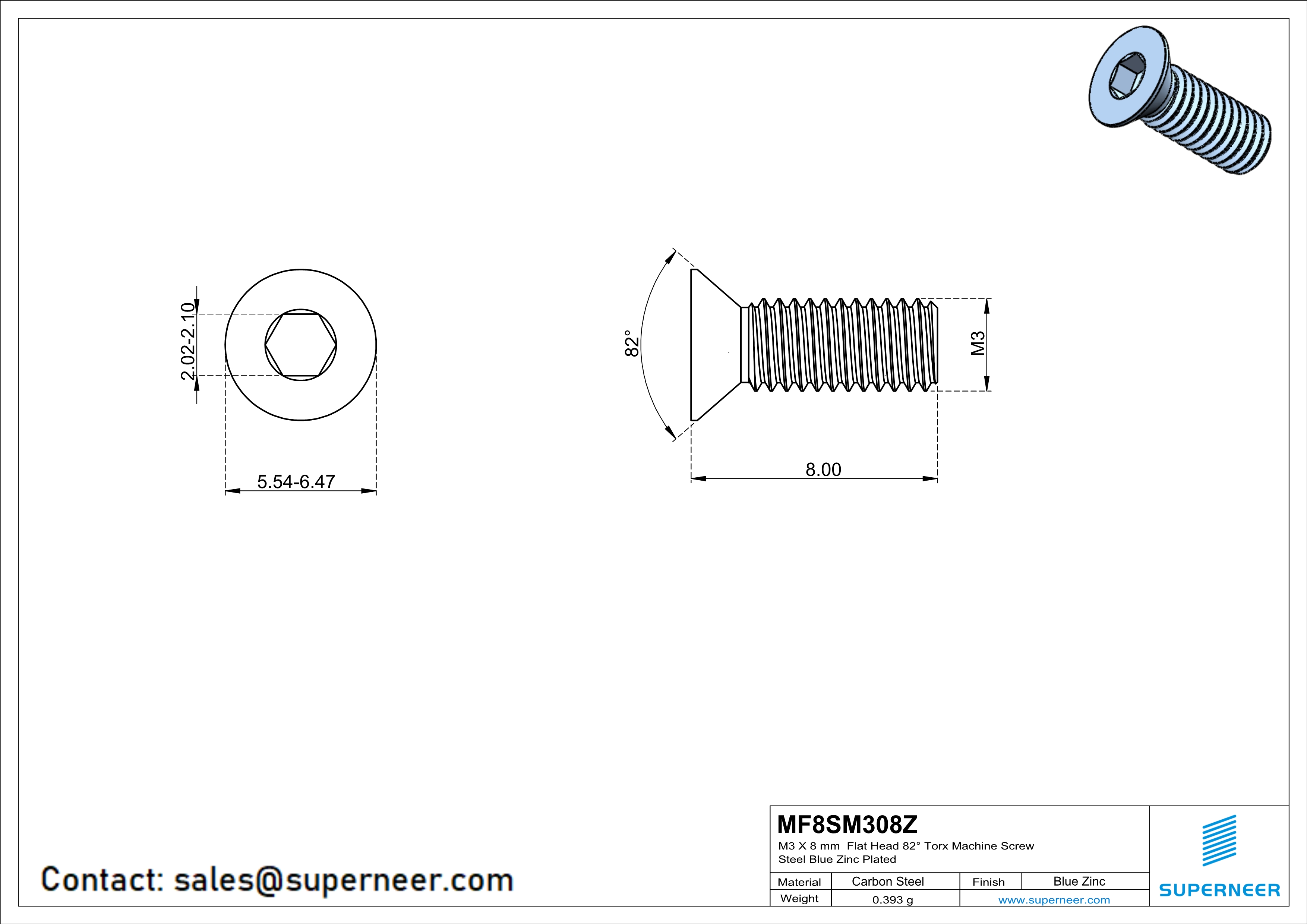 M3 x 8 mm Flat Head 82° Socket Cap Machine Screw Steel Blue Zinc Plated