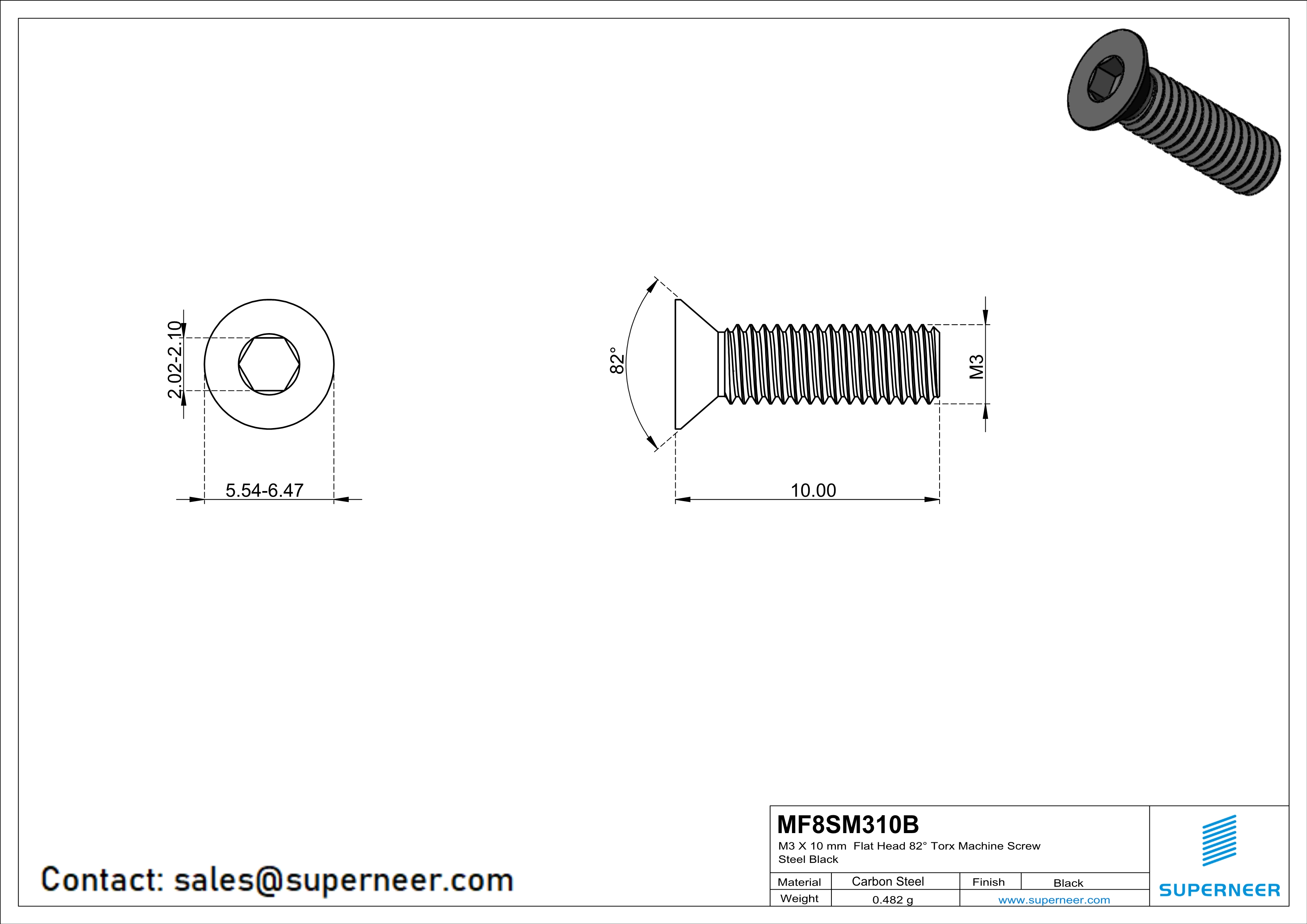 M3 x 10 mm Flat Head 82° Socket Cap Machine Screw Steel Black