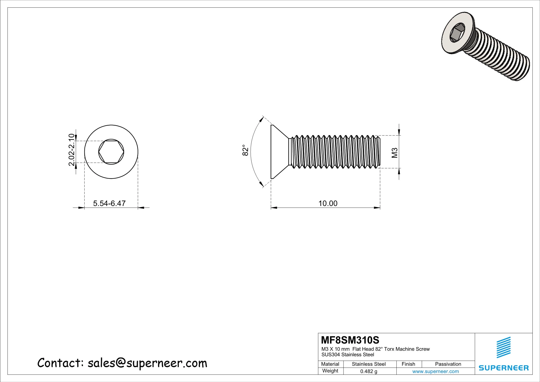 M3 x 10 mm Flat Head 82° Socket Cap Machine Screw SUS304 Stainless Steel Inox