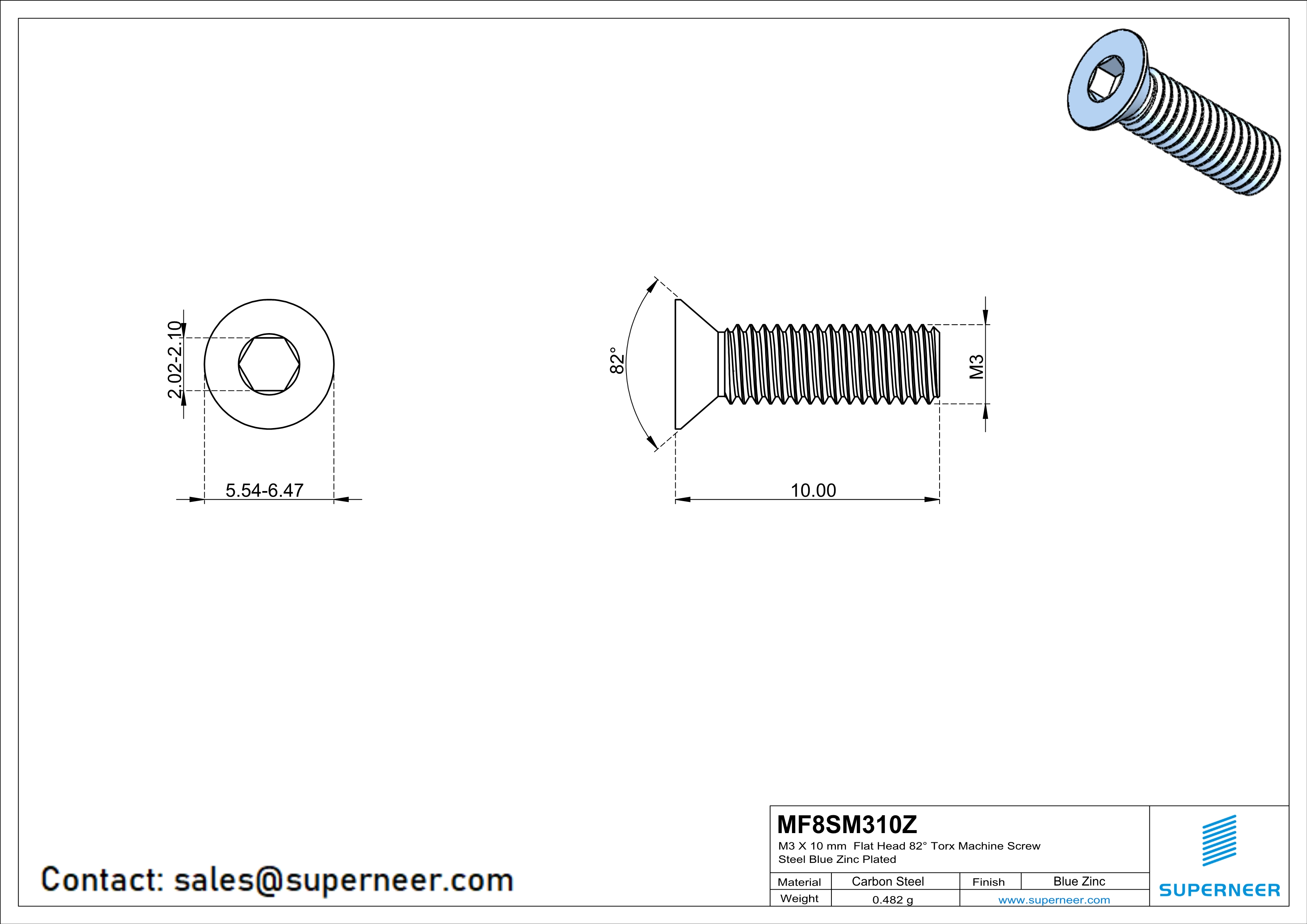 M3 x 10 mm Flat Head 82° Socket Cap Machine Screw Steel Blue Zinc Plated