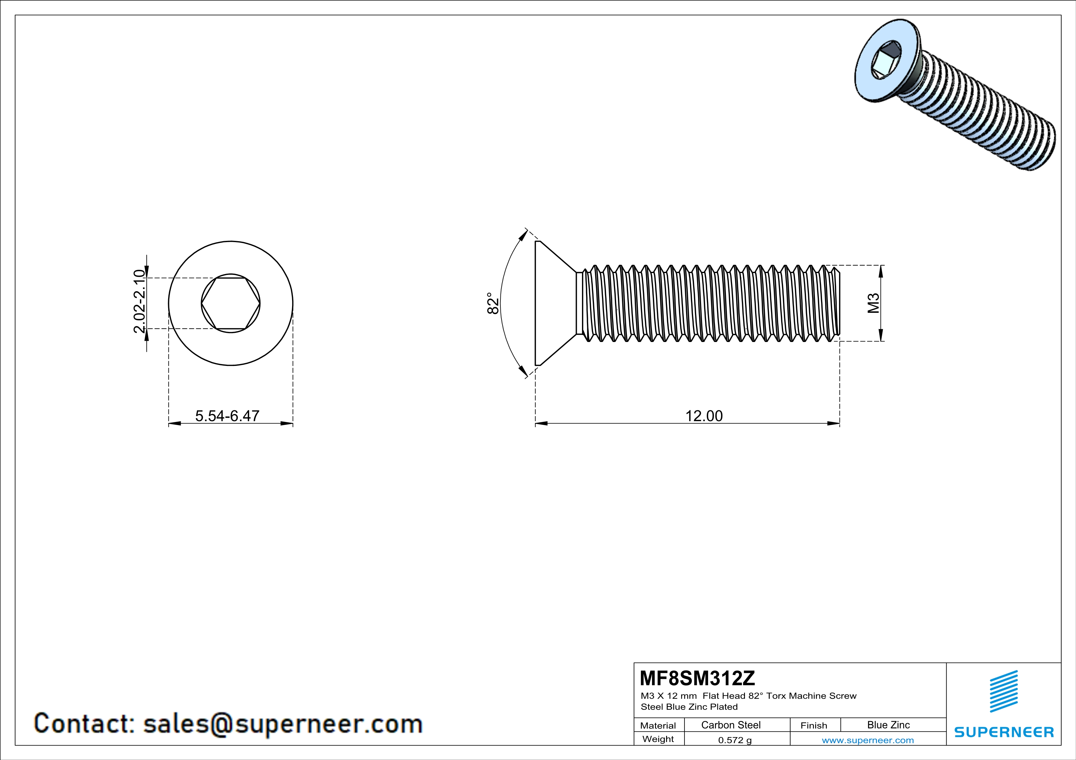 M3 x 12 mm Flat Head 82° Socket Cap Machine Screw Steel Blue Zinc Plated