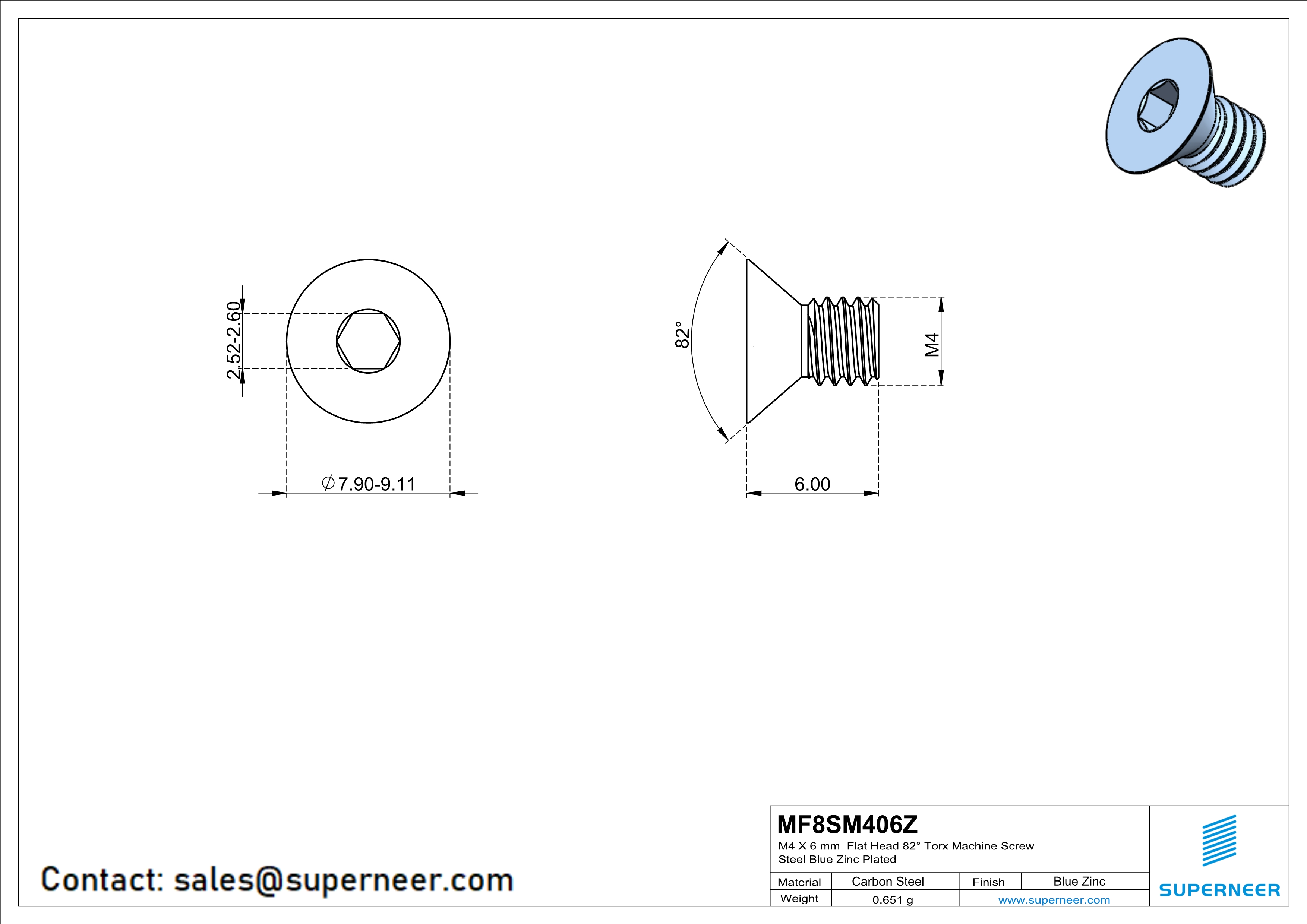 M4 x 5 mm Flat Head 82° Socket Cap Machine Screw Steel Blue Zinc Plated