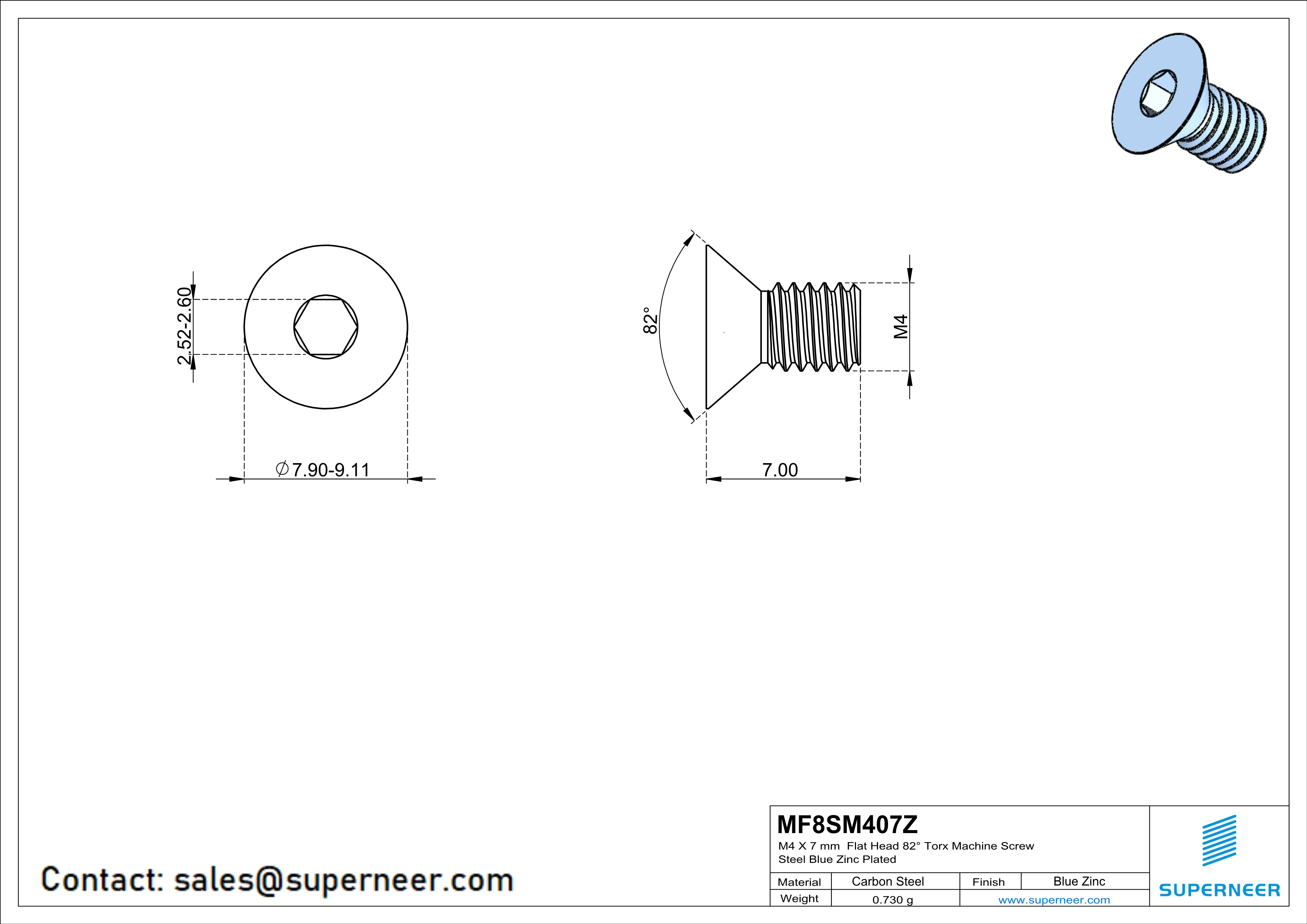 M4 x 6 mm Flat Head 82° Socket Cap Machine Screw Steel Blue Zinc Plated