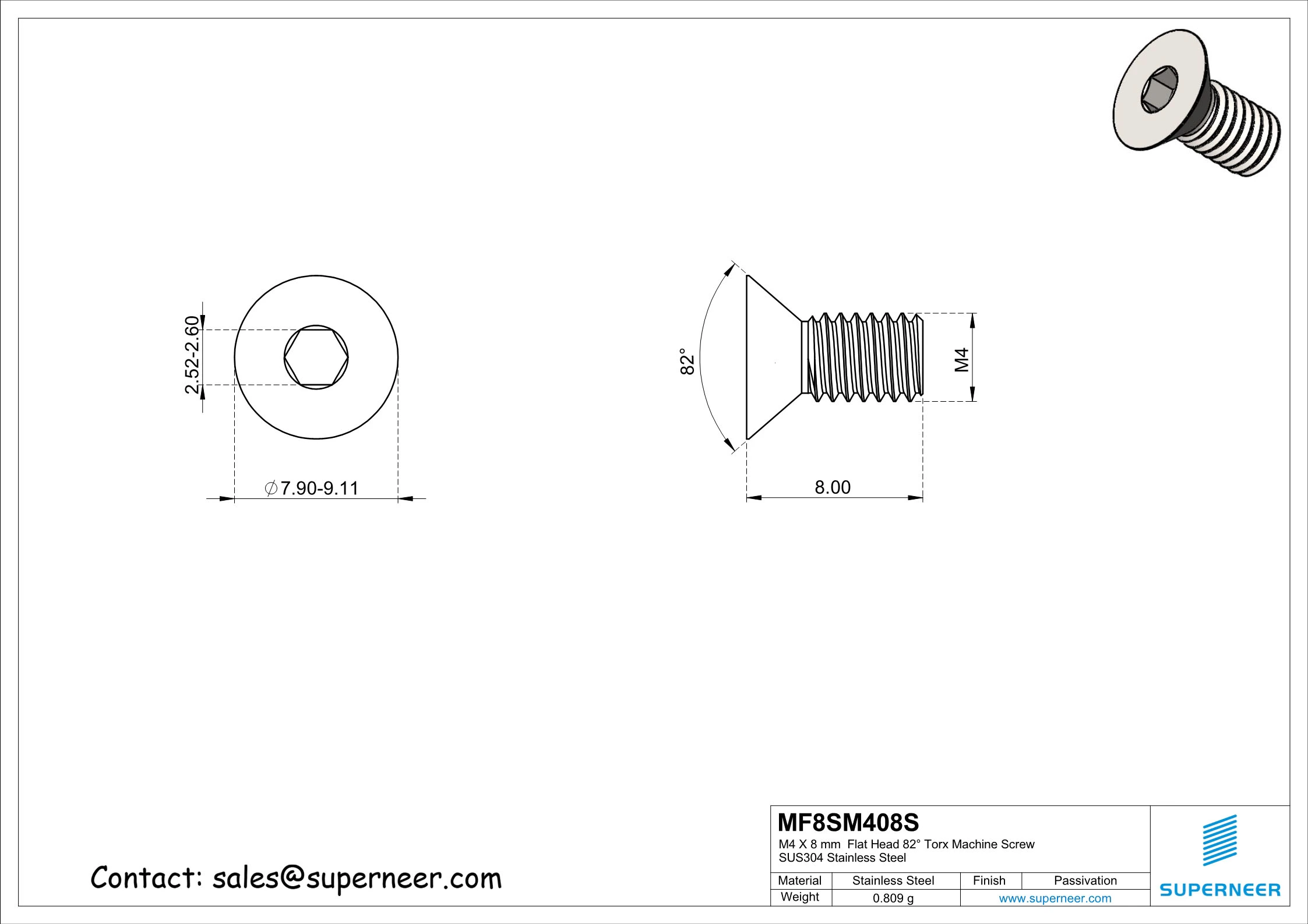 M4 x 7 mm Flat Head 82° Socket Cap Machine Screw SUS304 Stainless Steel Inox