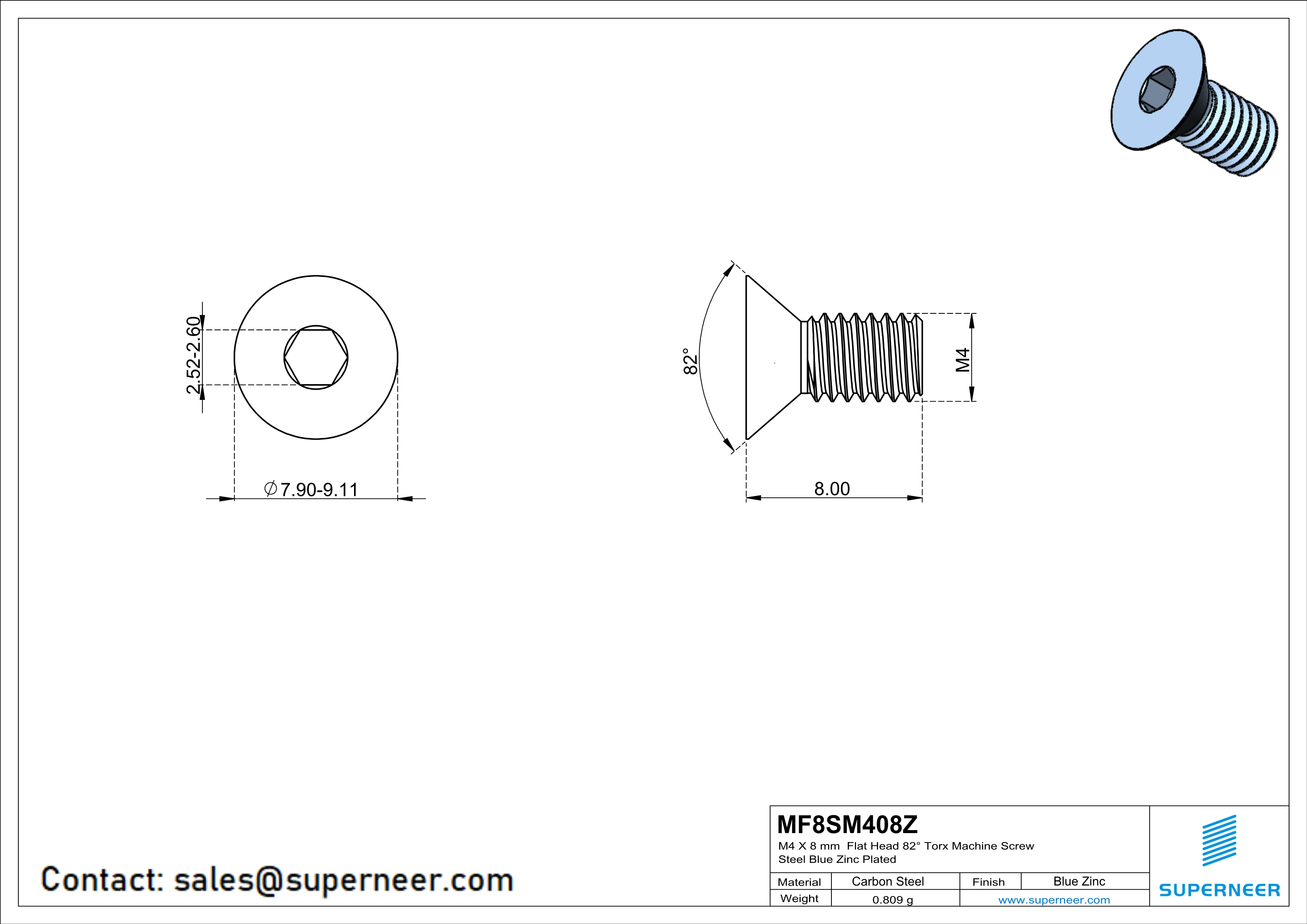 M4 x 7 mm Flat Head 82° Socket Cap Machine Screw Steel Blue Zinc Plated