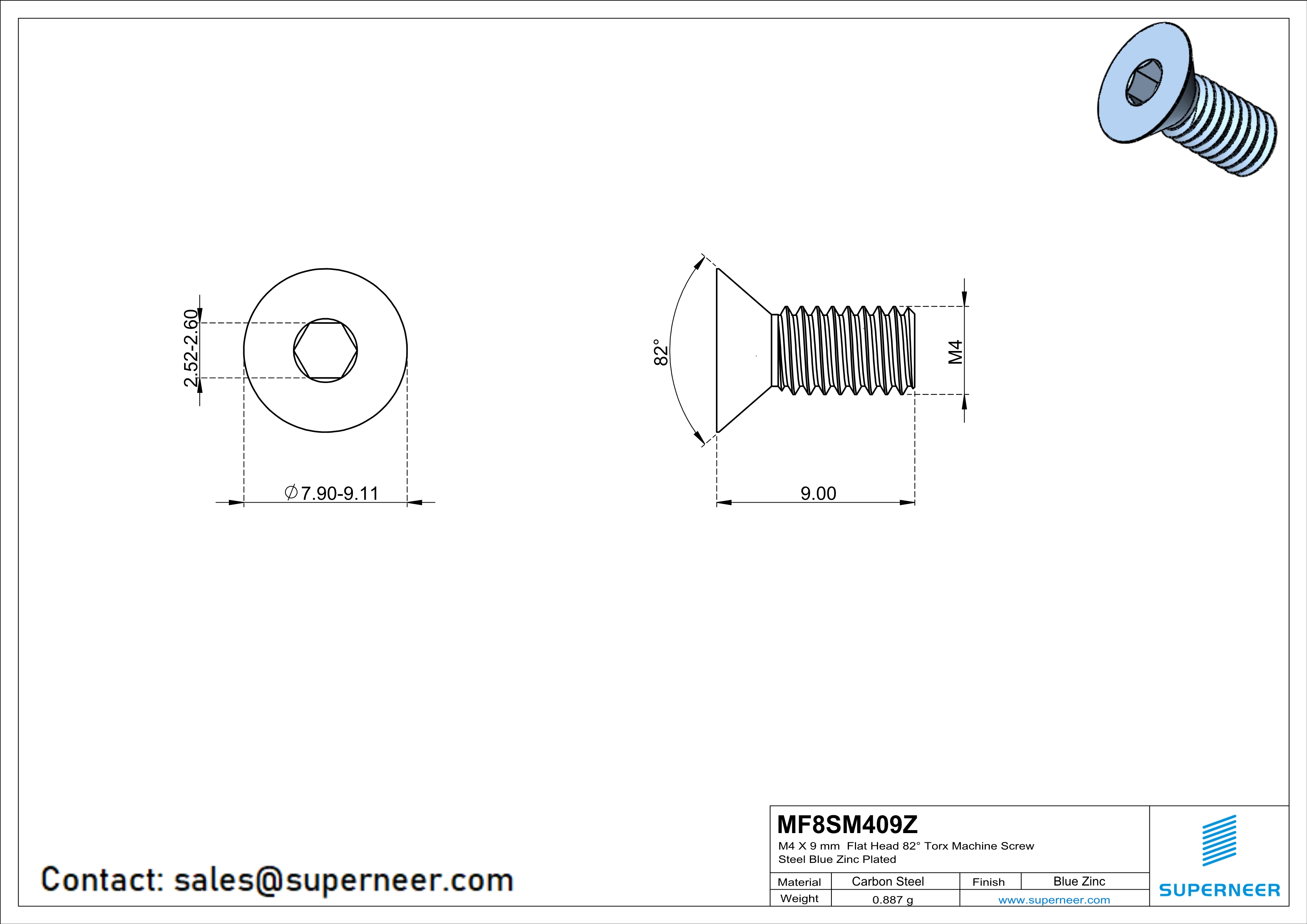 M4 x 8 mm Flat Head 82° Socket Cap Machine Screw Steel Blue Zinc Plated