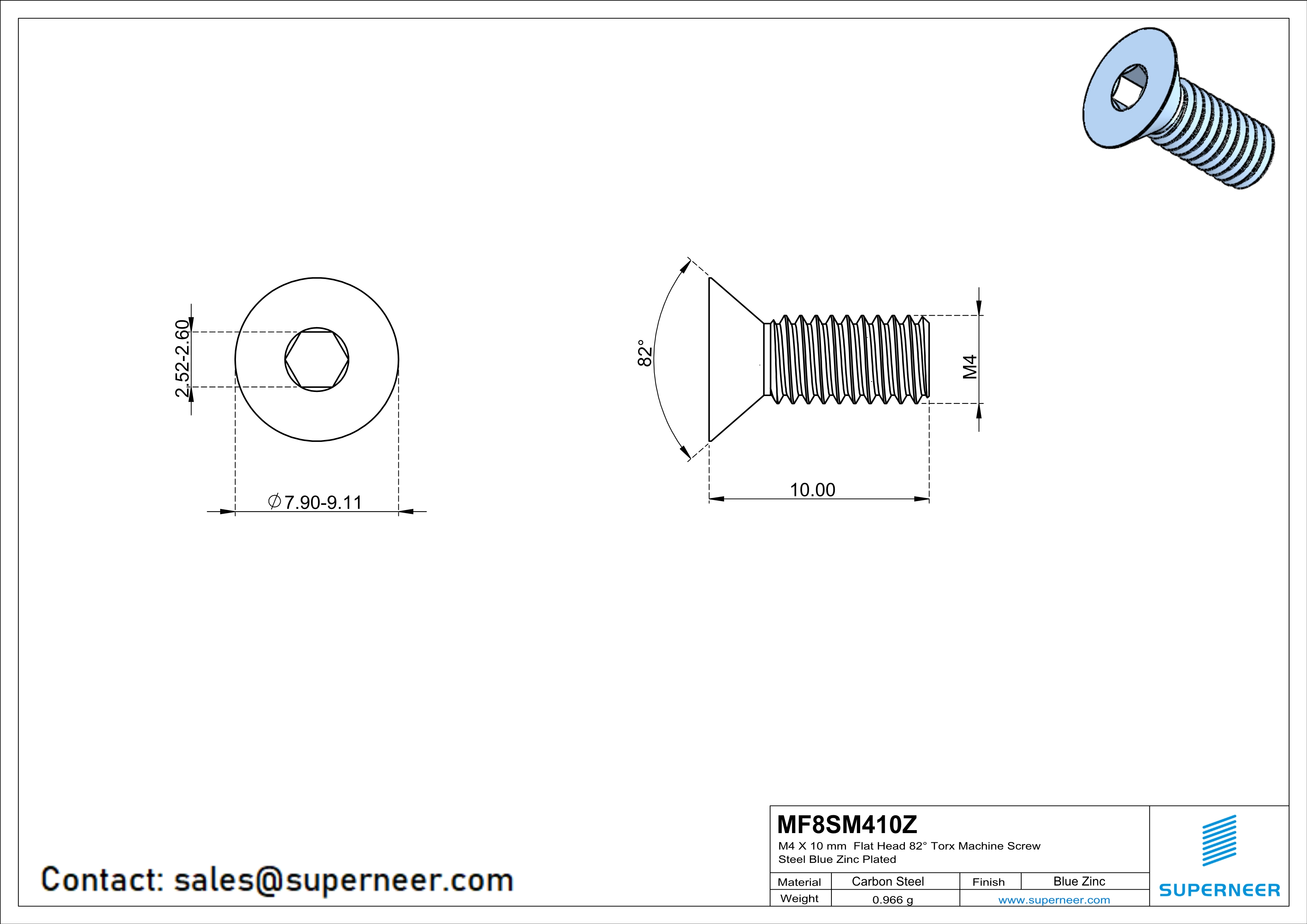 M4 x 9 mm Flat Head 82° Socket Cap Machine Screw Steel Blue Zinc Plated