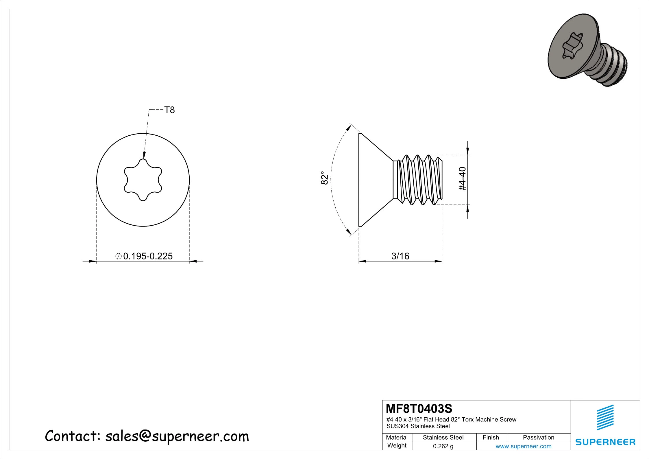 4-40 x 3/16" Flat Head 82° Torx Machine Screw SUS304 Stainless Steel Inox