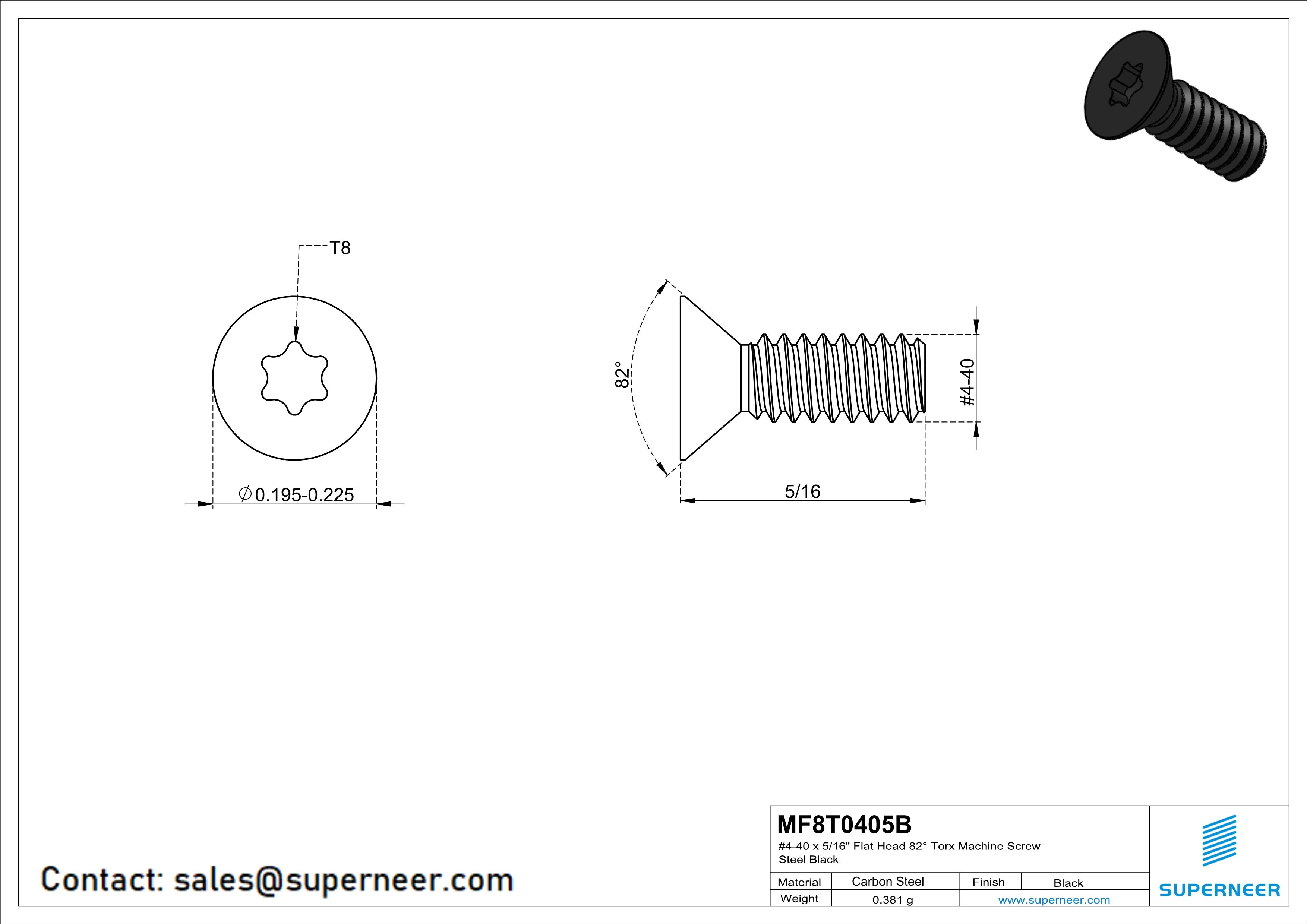 4-40 x 5/16" Flat Head 82° Torx Machine Screw Steel Black