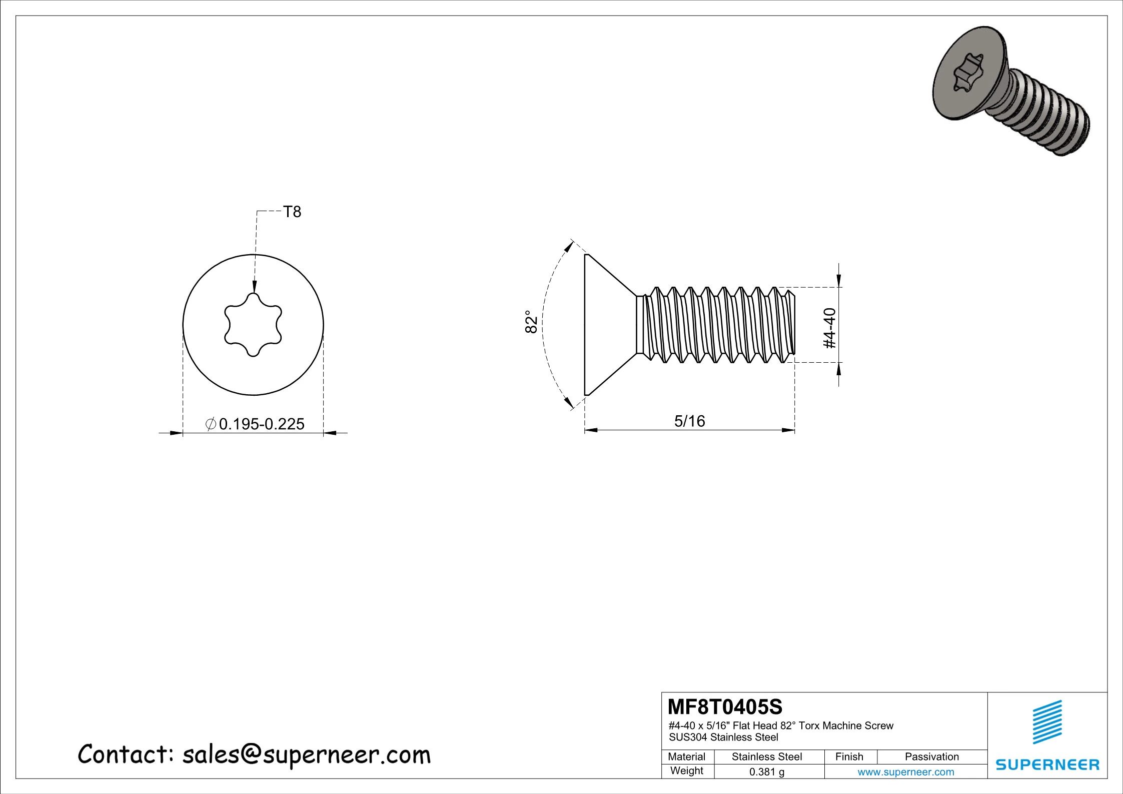 4-40 x 5/16" Flat Head 82° Torx Machine Screw SUS304 Stainless Steel Inox