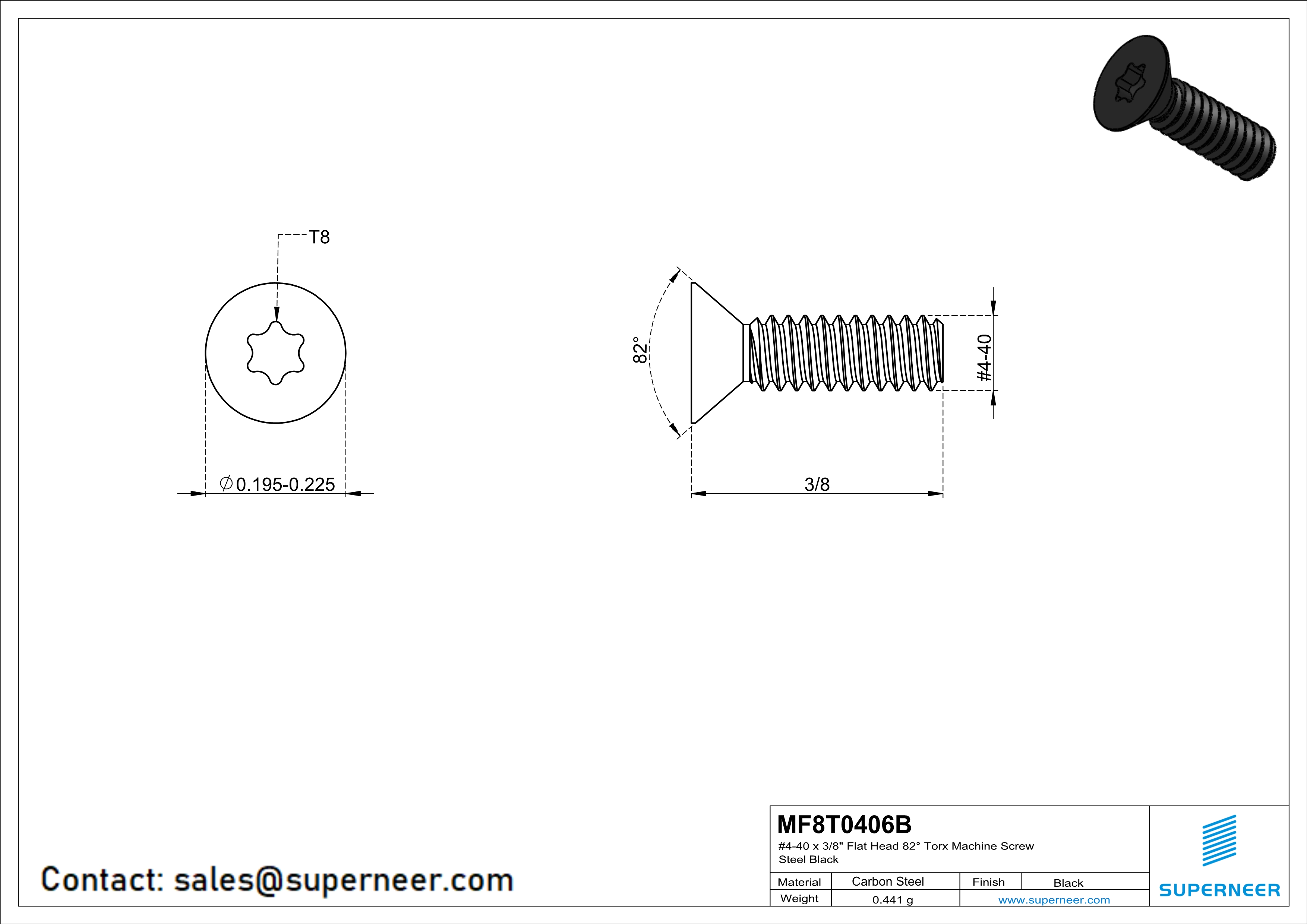 4-40 x 3/8" Flat Head 82° Torx Machine Screw Steel Black