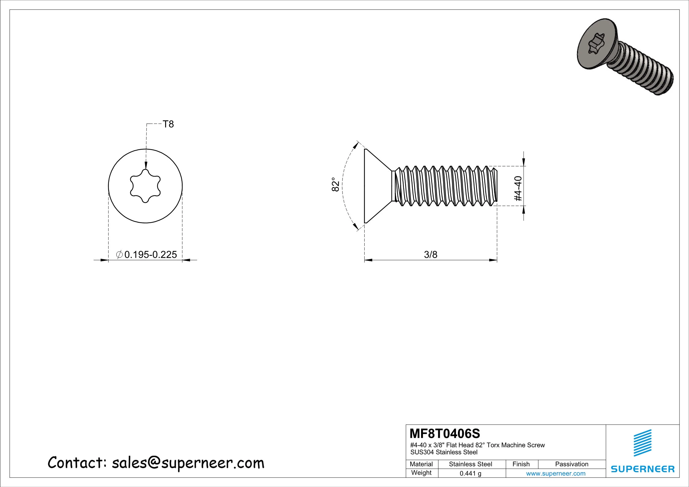 4-40 x 3/8" Flat Head 82° Torx Machine Screw SUS304 Stainless Steel Inox