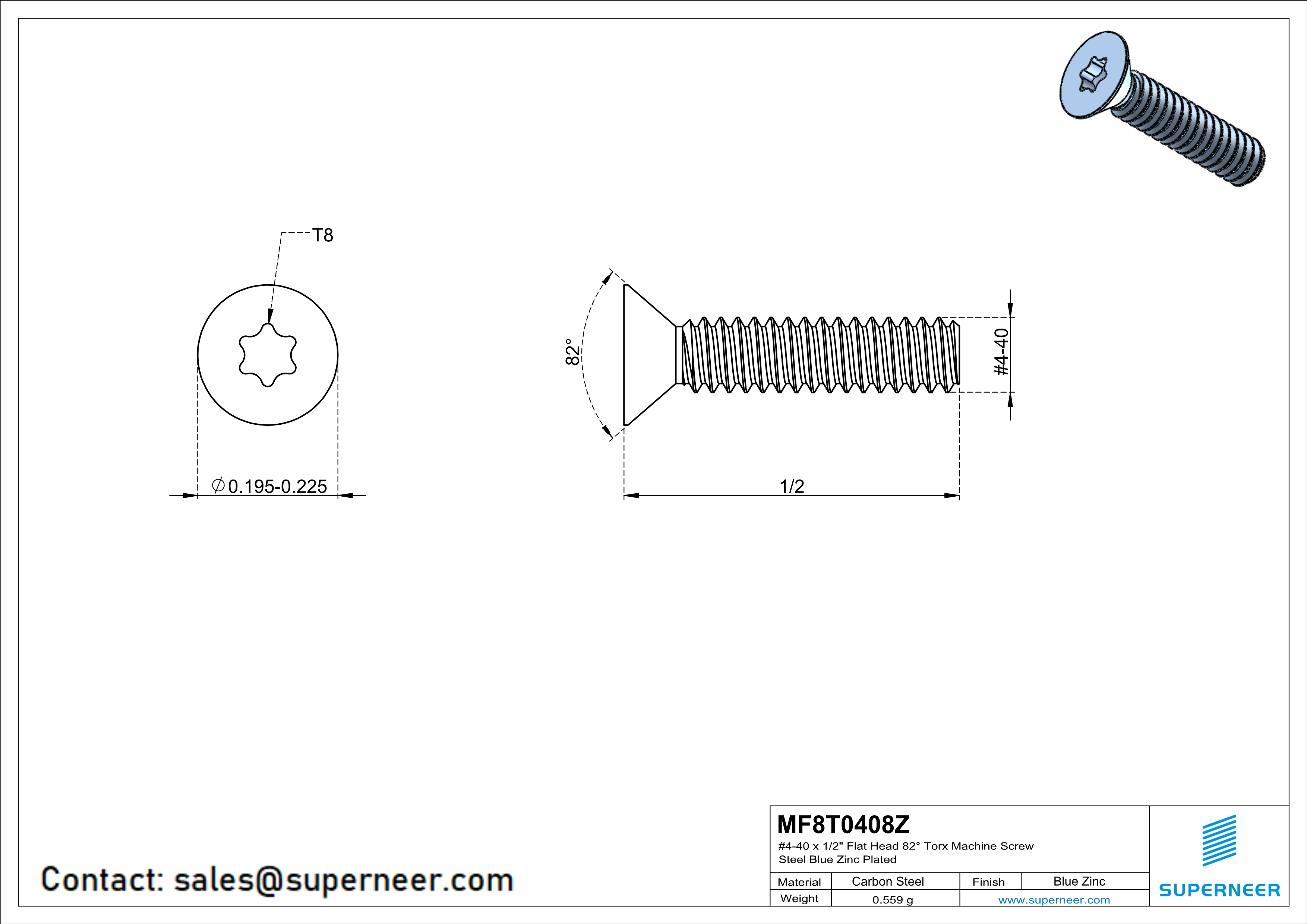 4-40 x 1/2" Flat Head 82° Torx Machine Screw Steel Blue Zinc Plated