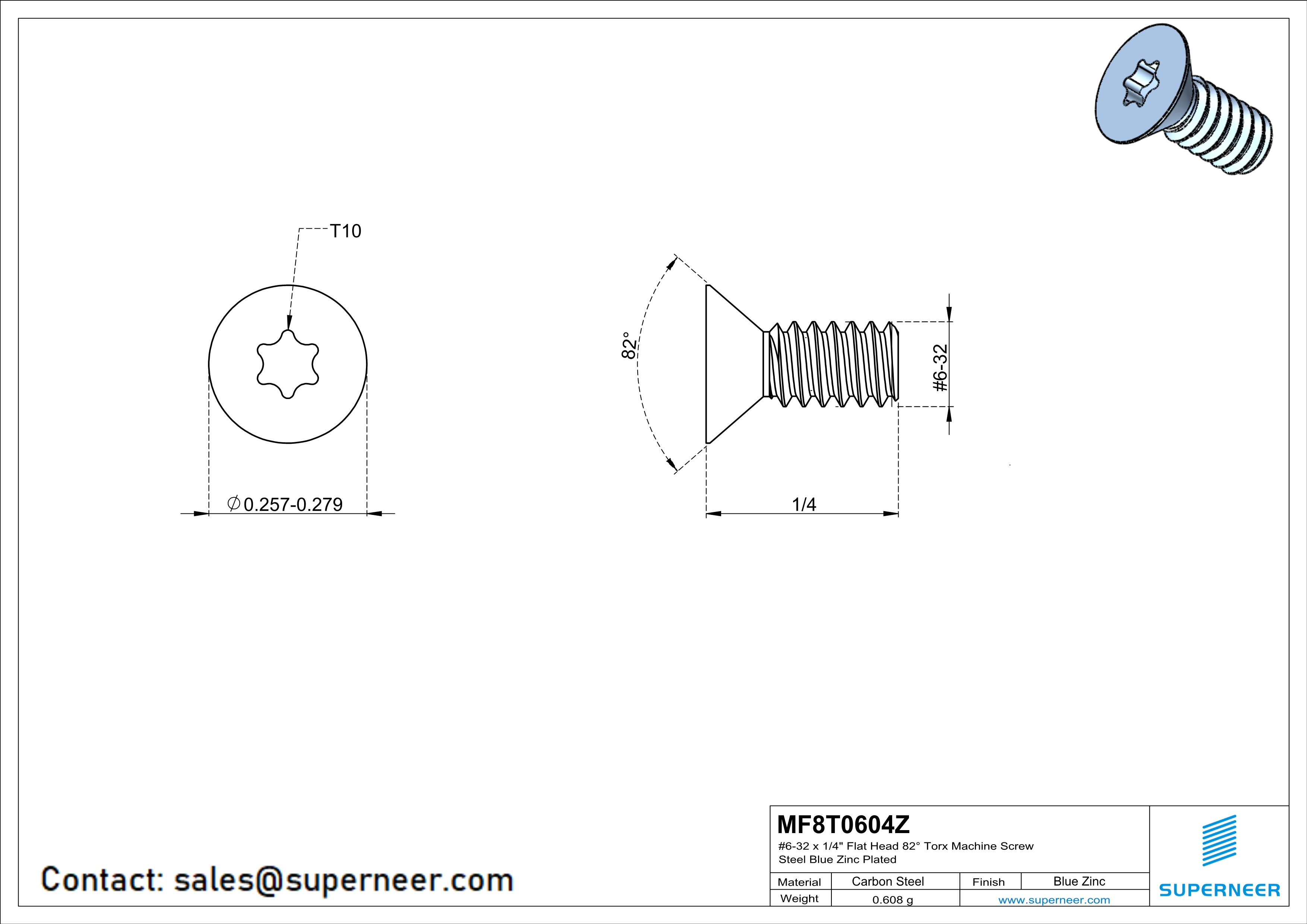 6-32 x 1/4" Flat Head 82° Torx Machine Screw Steel Blue Zinc Plated