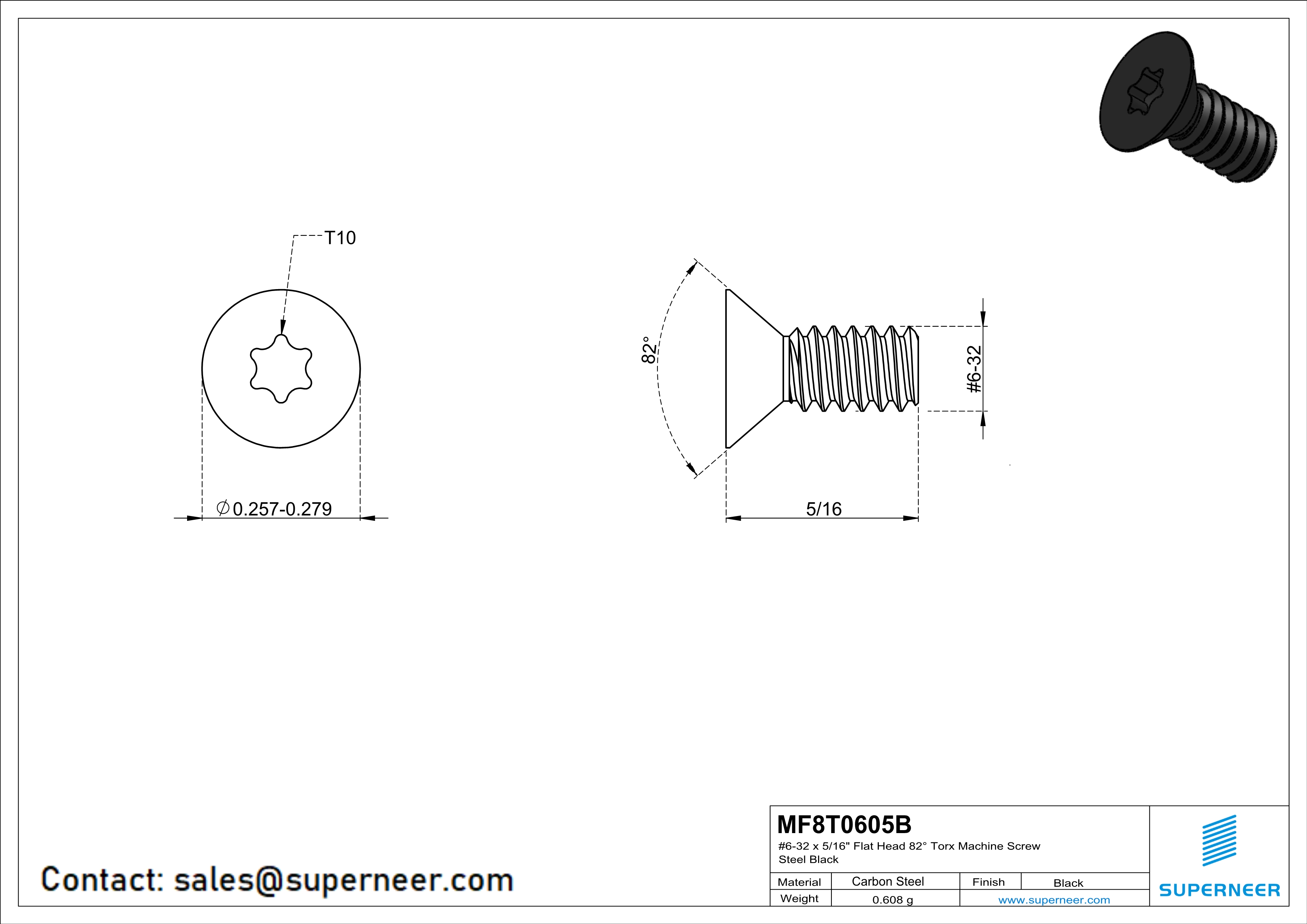 6-32 x 5/16" Flat Head 82° Torx Machine Screw Steel Black