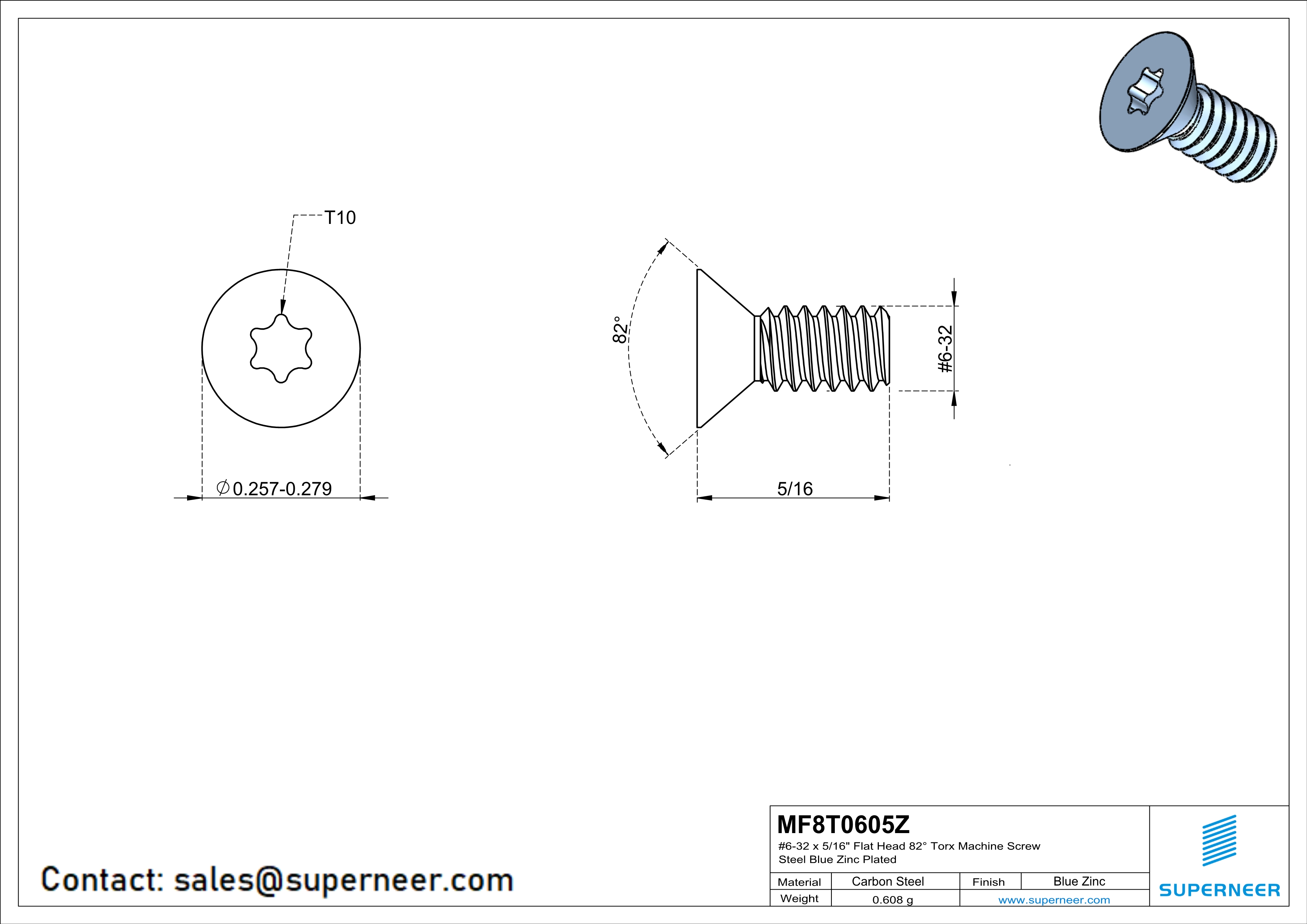 6-32 x 5/16" Flat Head 82° Torx Machine Screw Steel Blue Zinc Plated