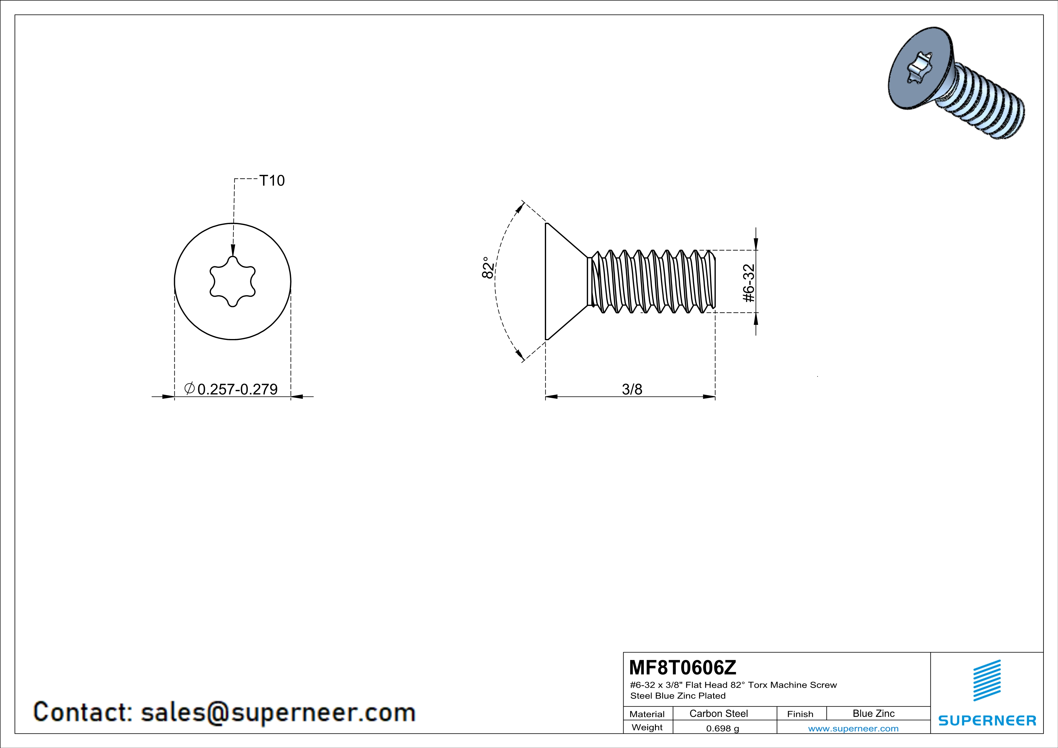 6-32 x 3/8" Flat Head 82° Torx Machine Screw Steel Blue Zinc Plated