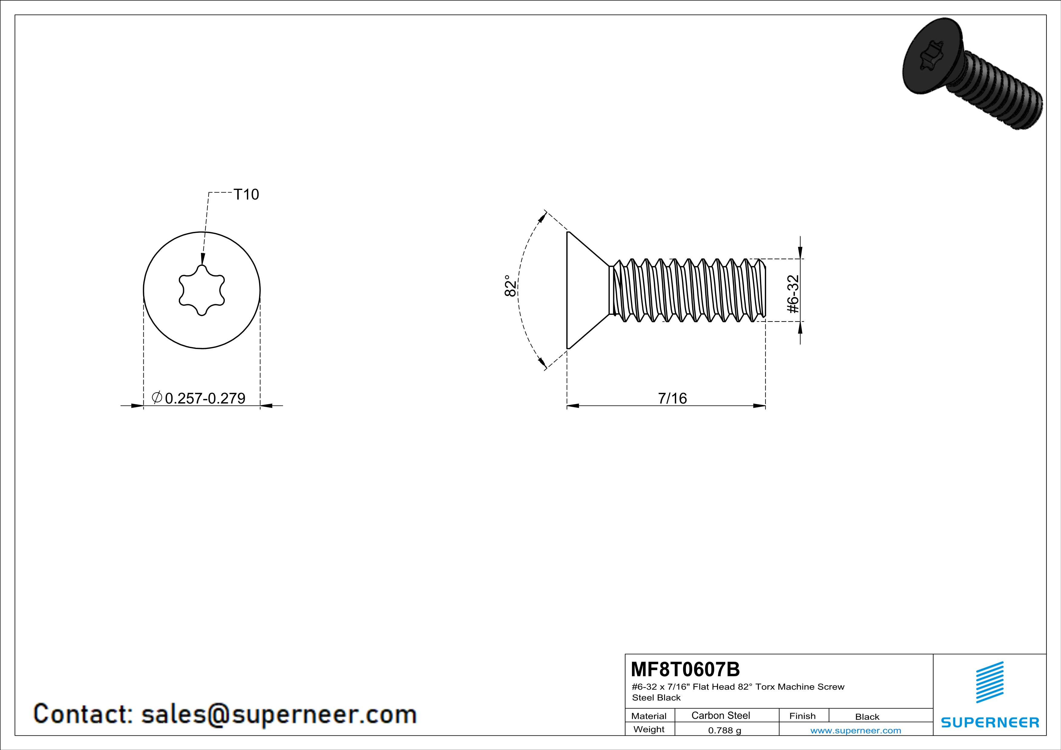 6-32 x 7/16" Flat Head 82° Torx Machine Screw Steel Black