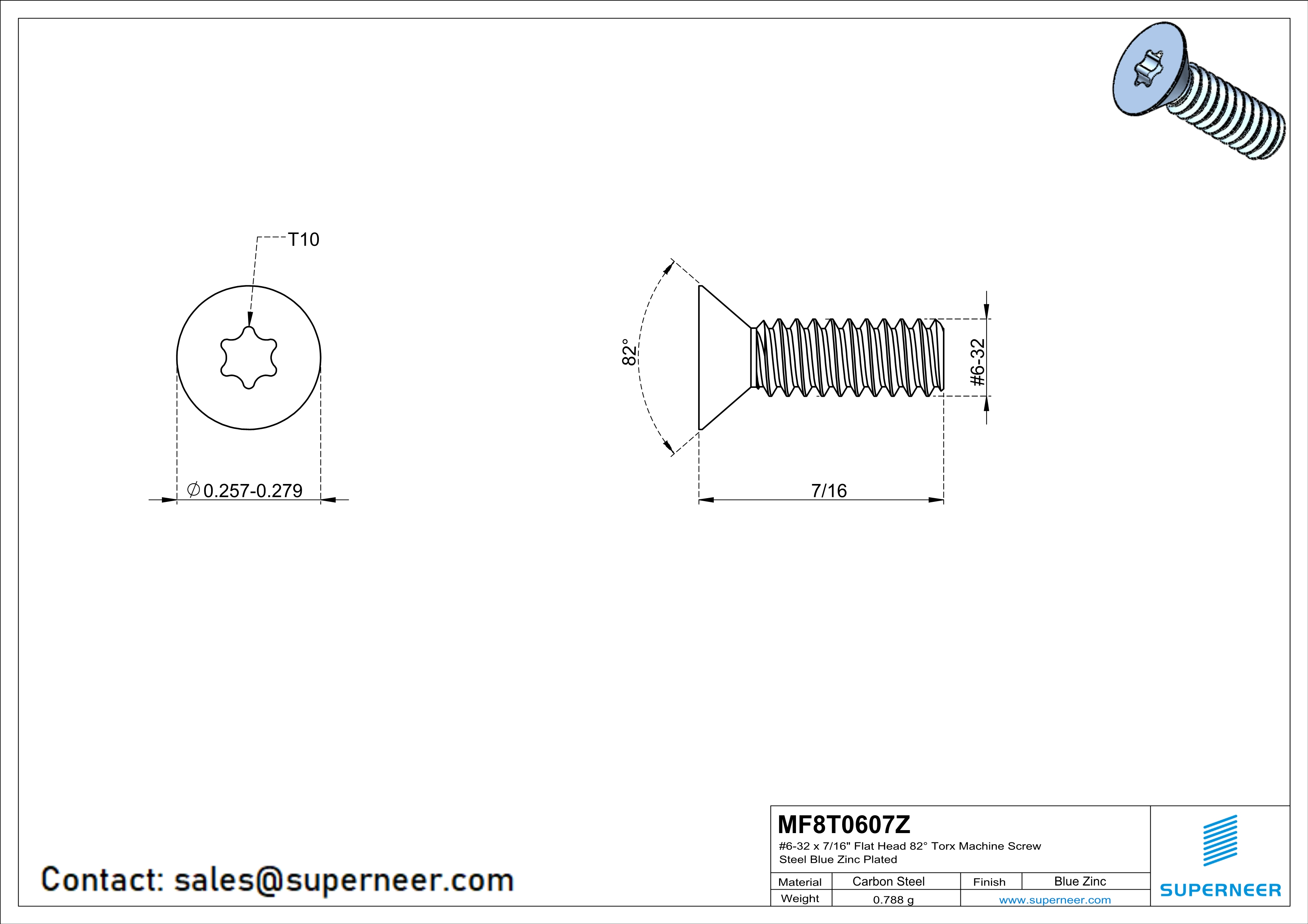 6-32 x 7/16" Flat Head 82° Torx Machine Screw Steel Blue Zinc Plated