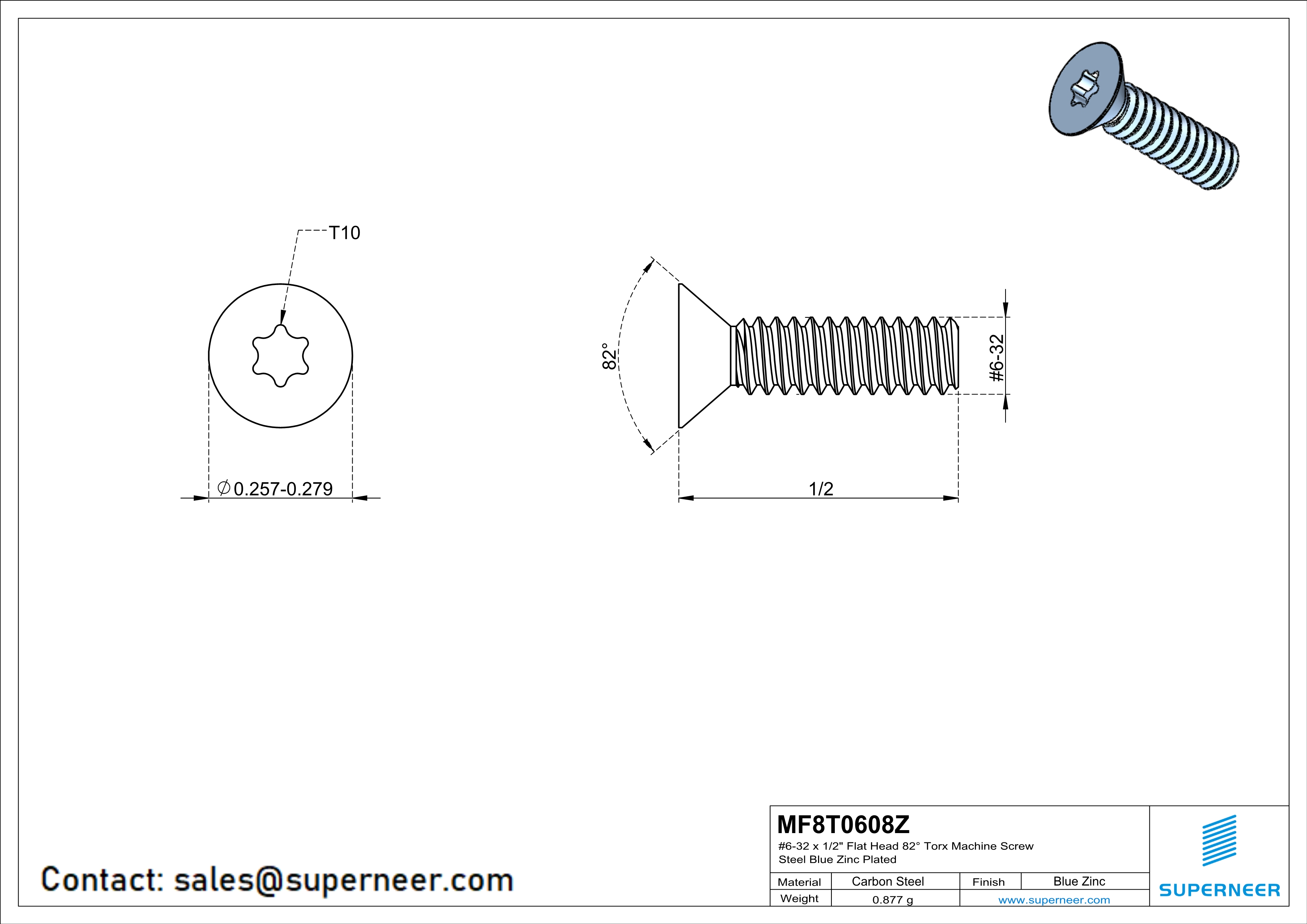 6-32 x 1/2" Flat Head 82° Torx Machine Screw Steel Blue Zinc Plated