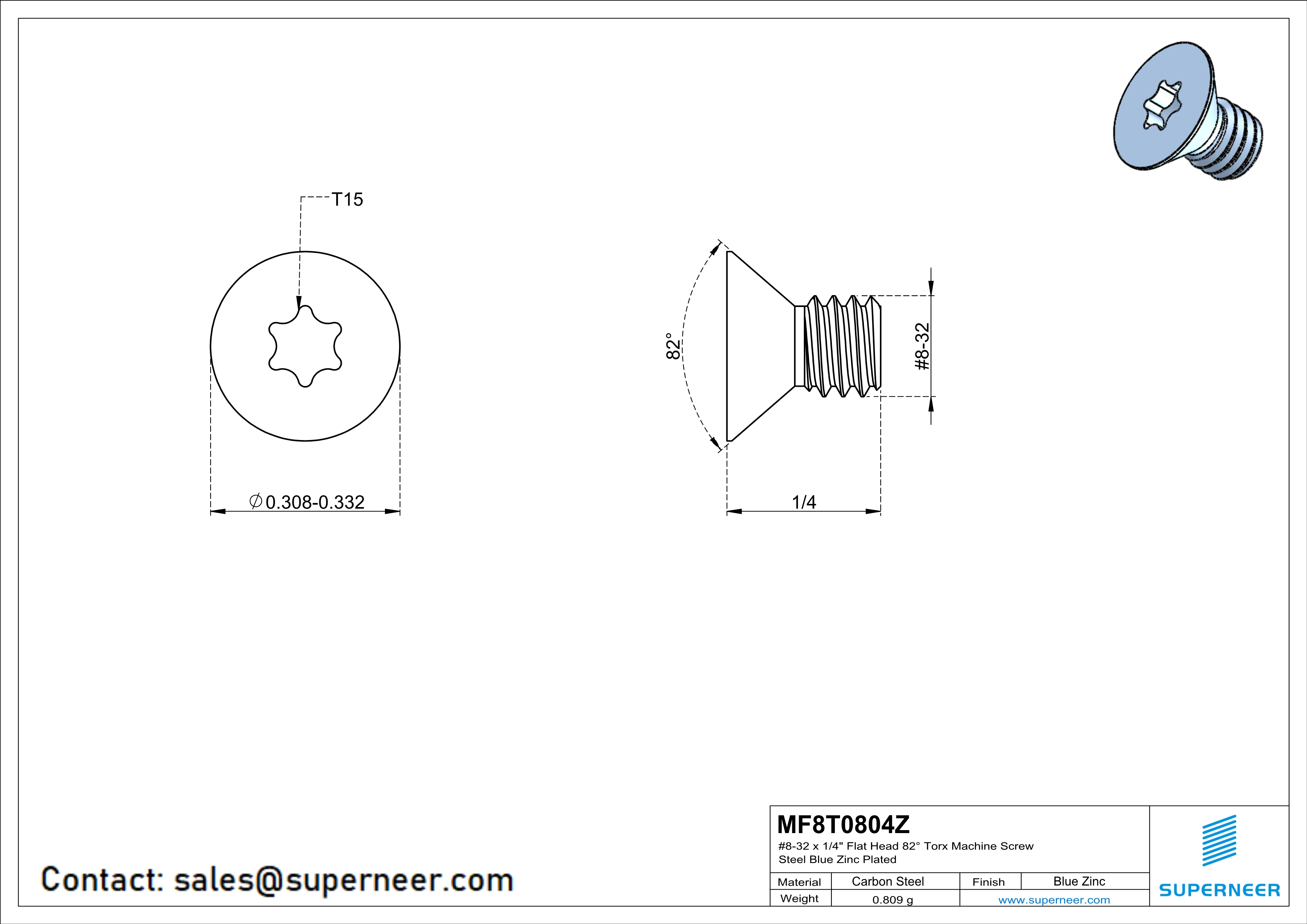 8-32 x 1/4" Flat Head 82° Torx Machine Screw Steel Blue Zinc Plated