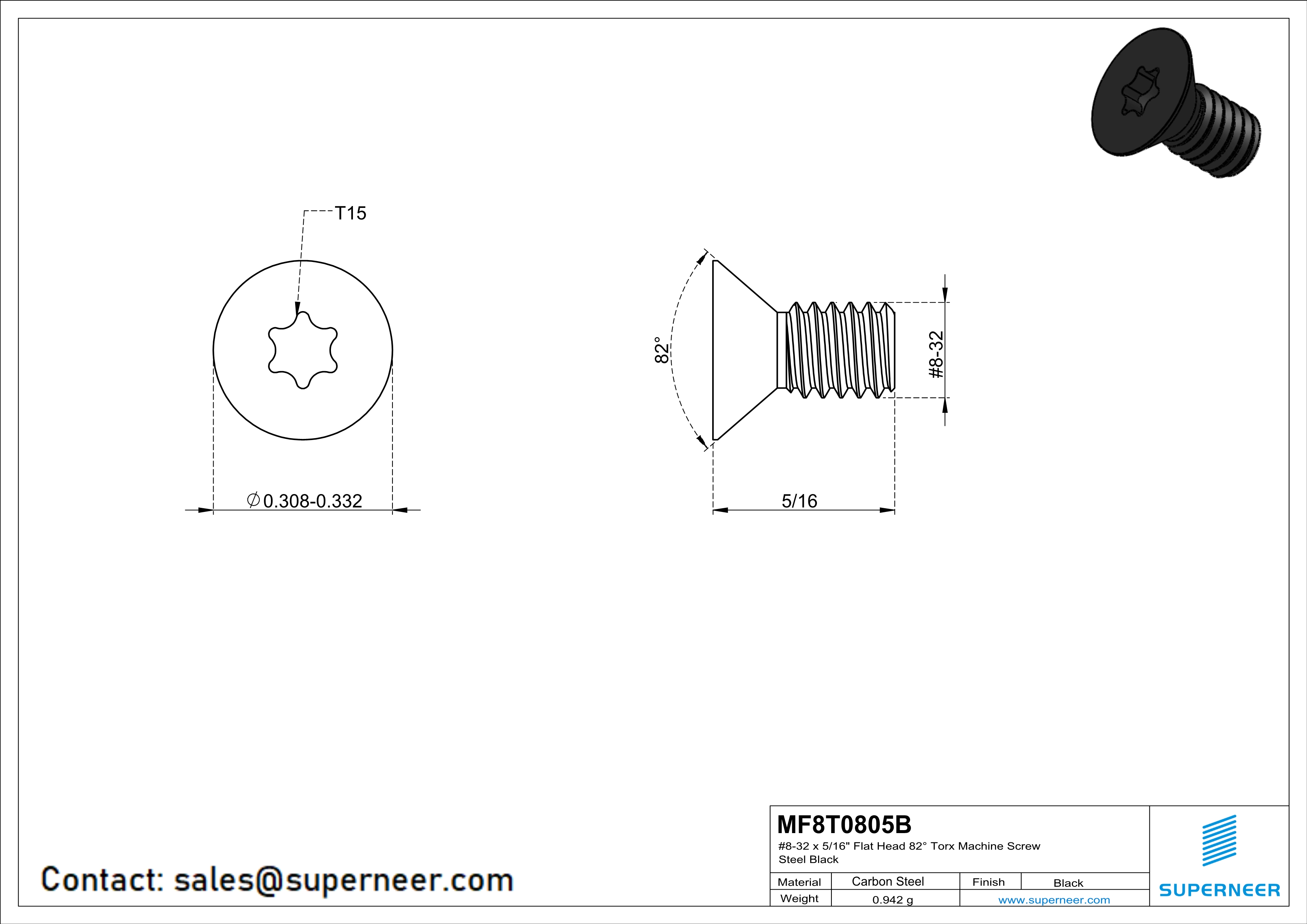 8-32 x 5/16" Flat Head 82° Torx Machine Screw Steel Black