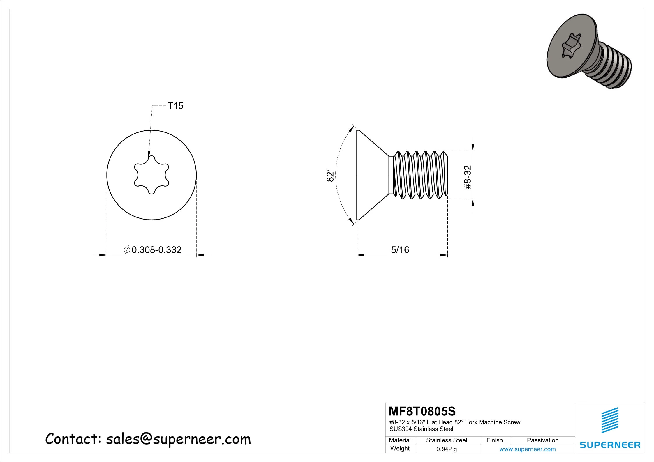 8-32 x 5/16" Flat Head 82° Torx Machine Screw SUS304 Stainless Steel Inox