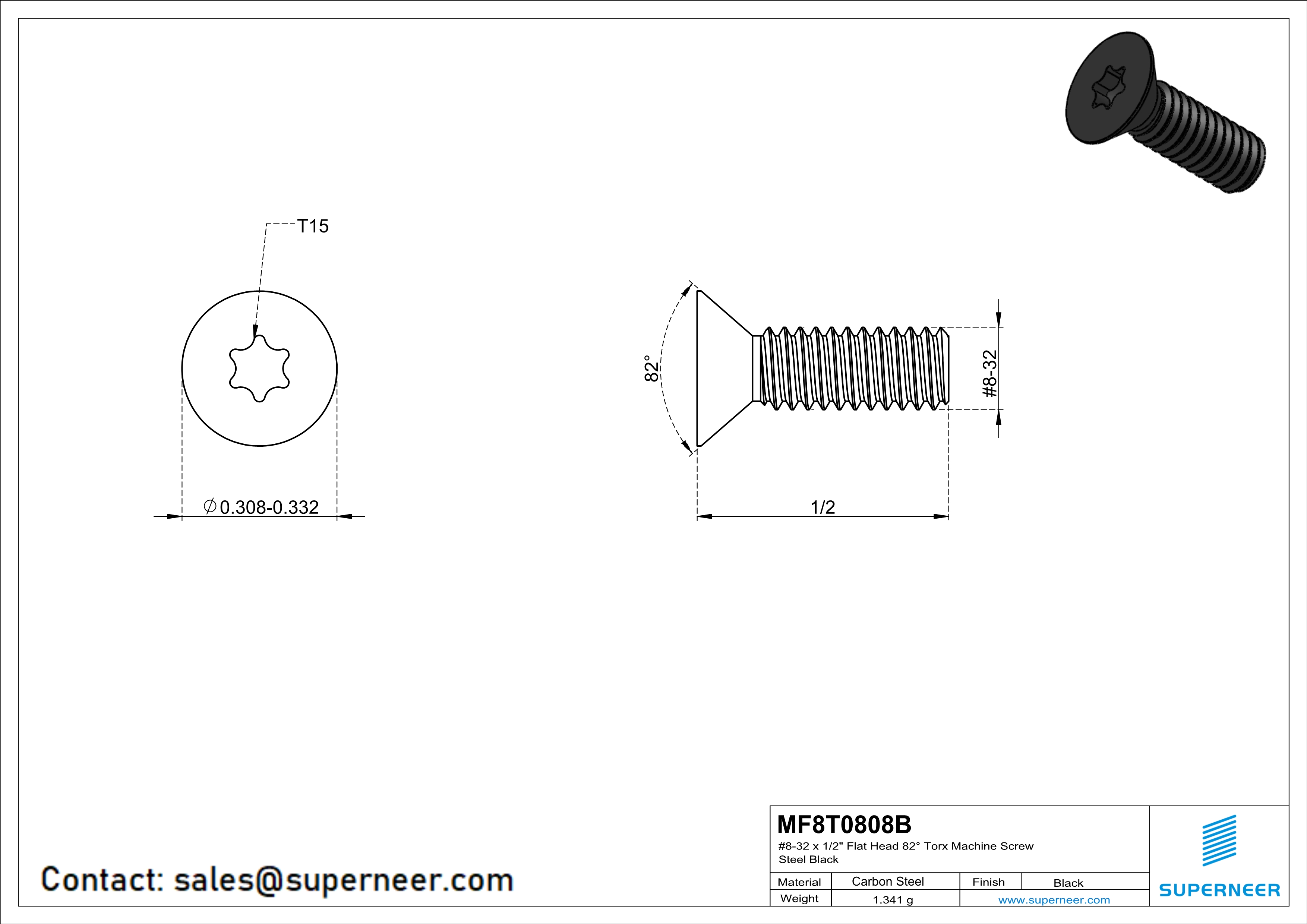 8-32 x 1/2" Flat Head 82° Torx Machine Screw Steel Black