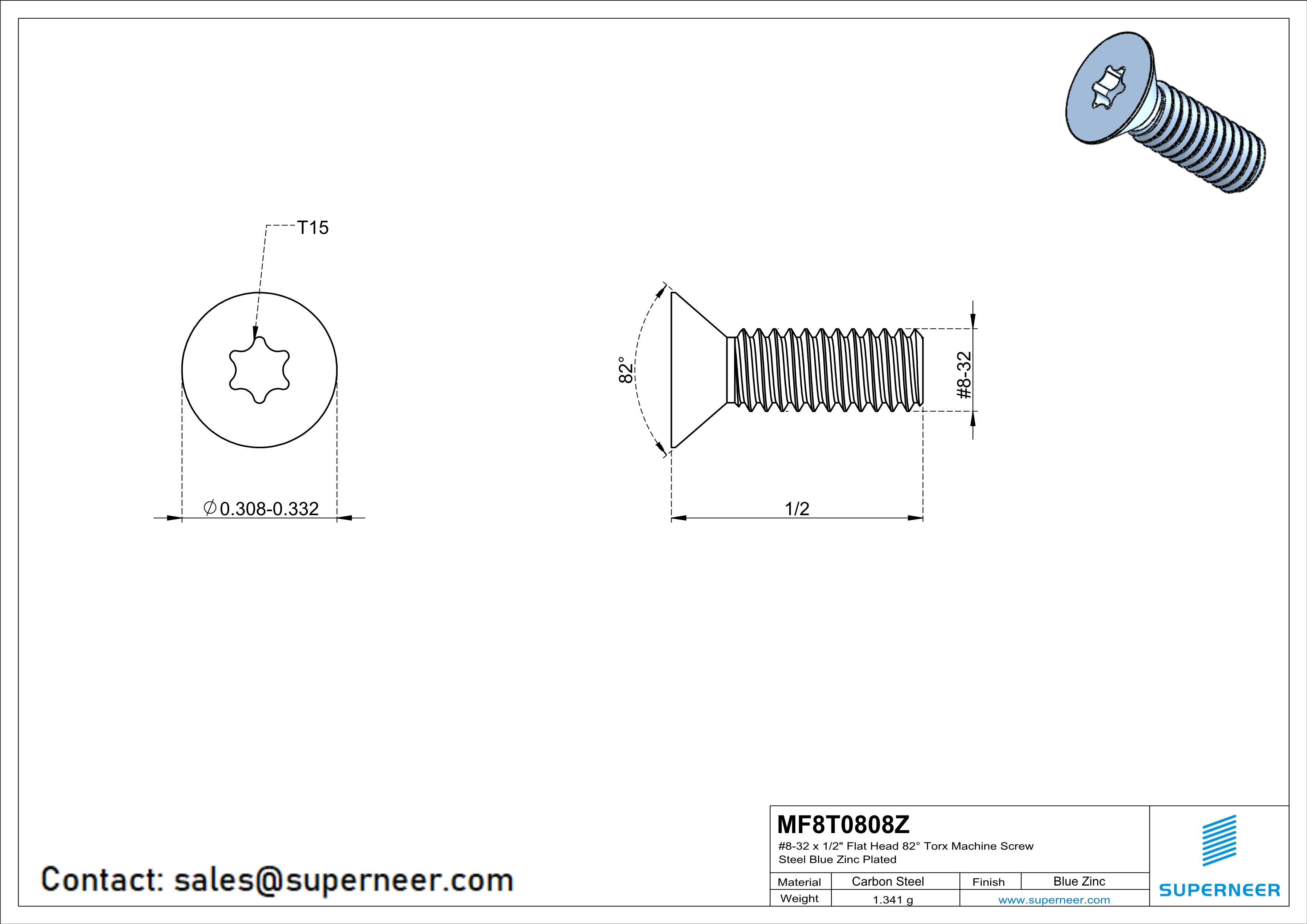 8-32 x 1/2" Flat Head 82° Torx Machine Screw Steel Blue Zinc Plated