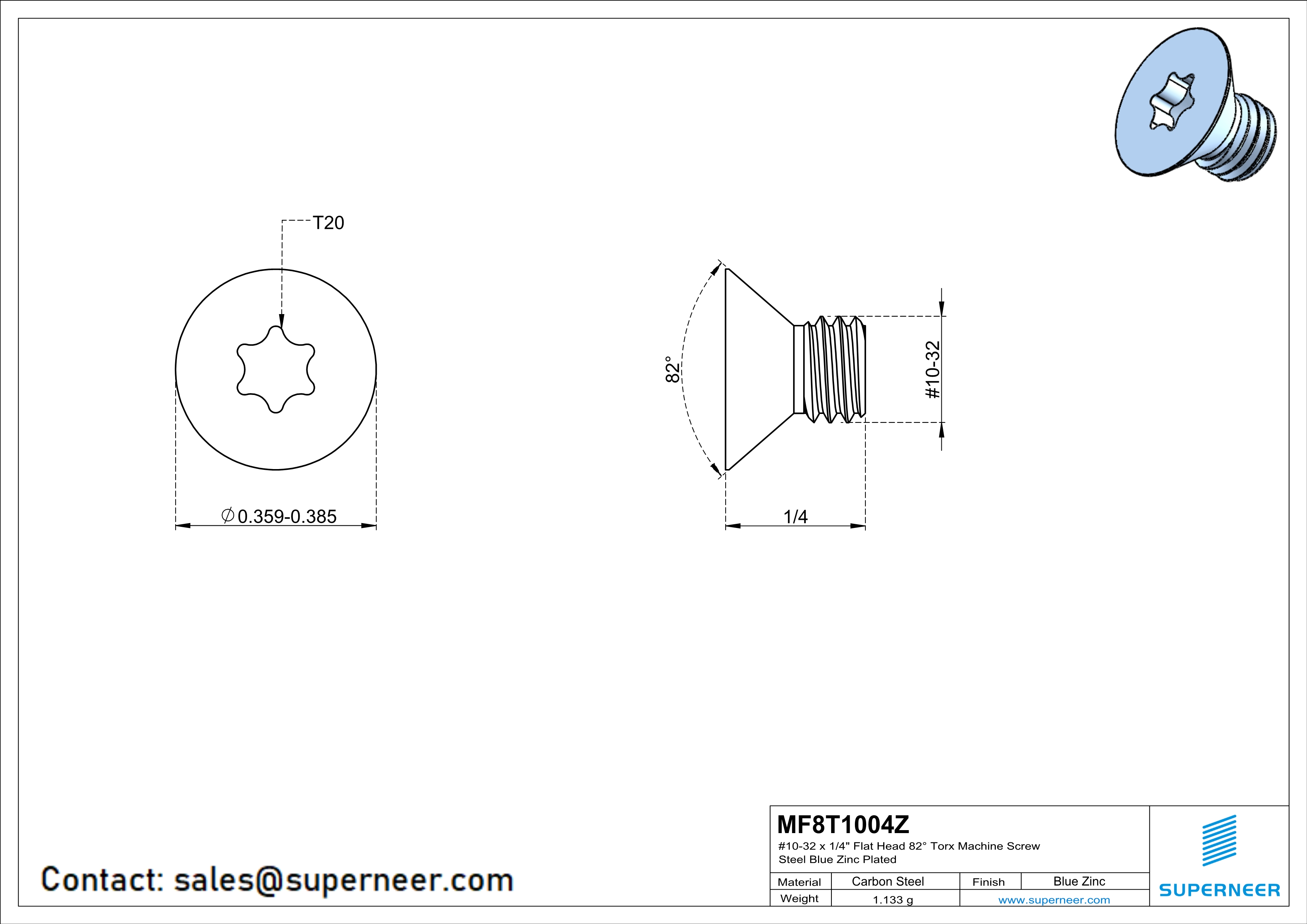 10-32 x 1/4" Flat Head 82° Torx Machine Screw Steel Blue Zinc Plated