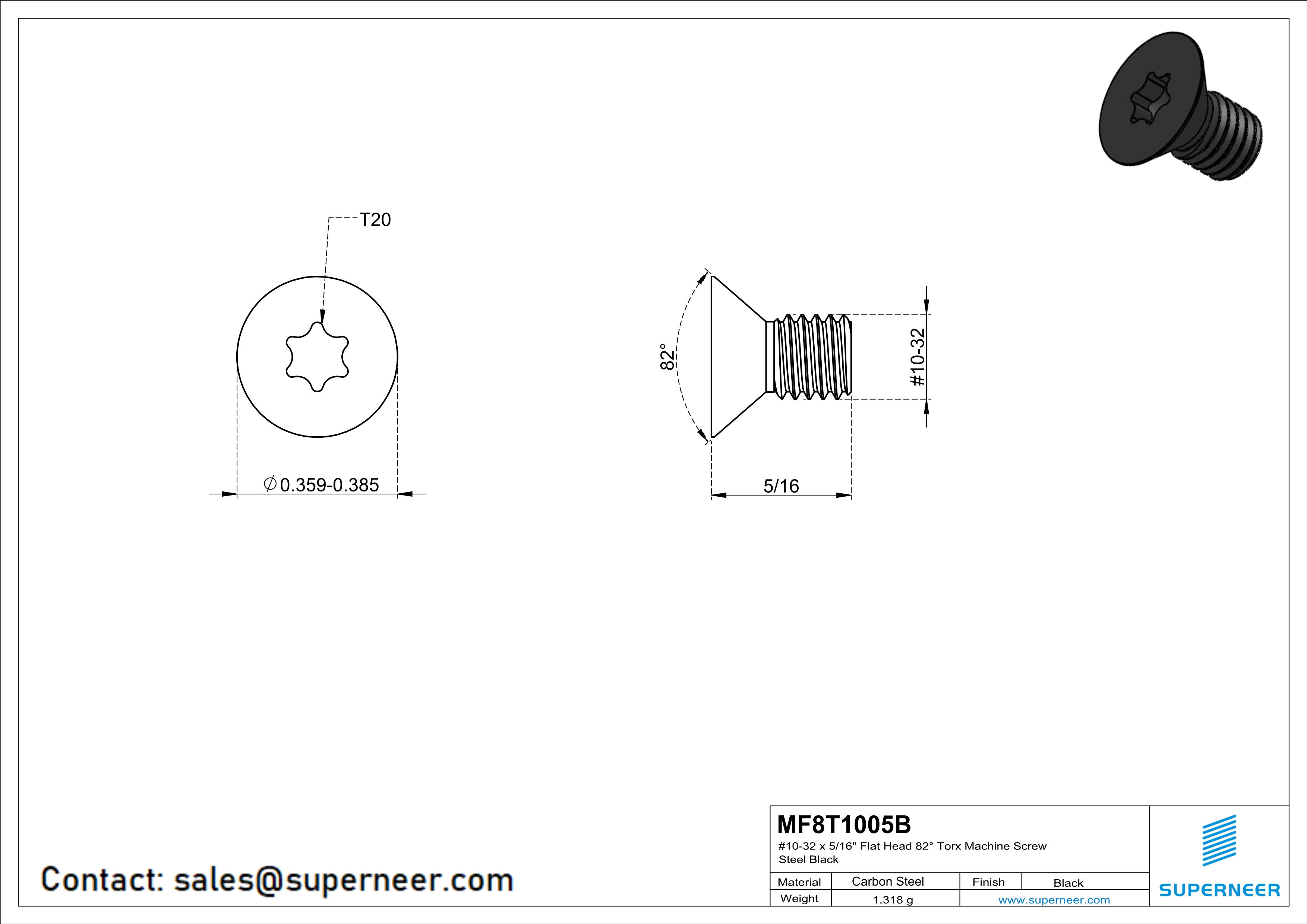 10-32 x 5/16" Flat Head 82° Torx Machine Screw Steel Black