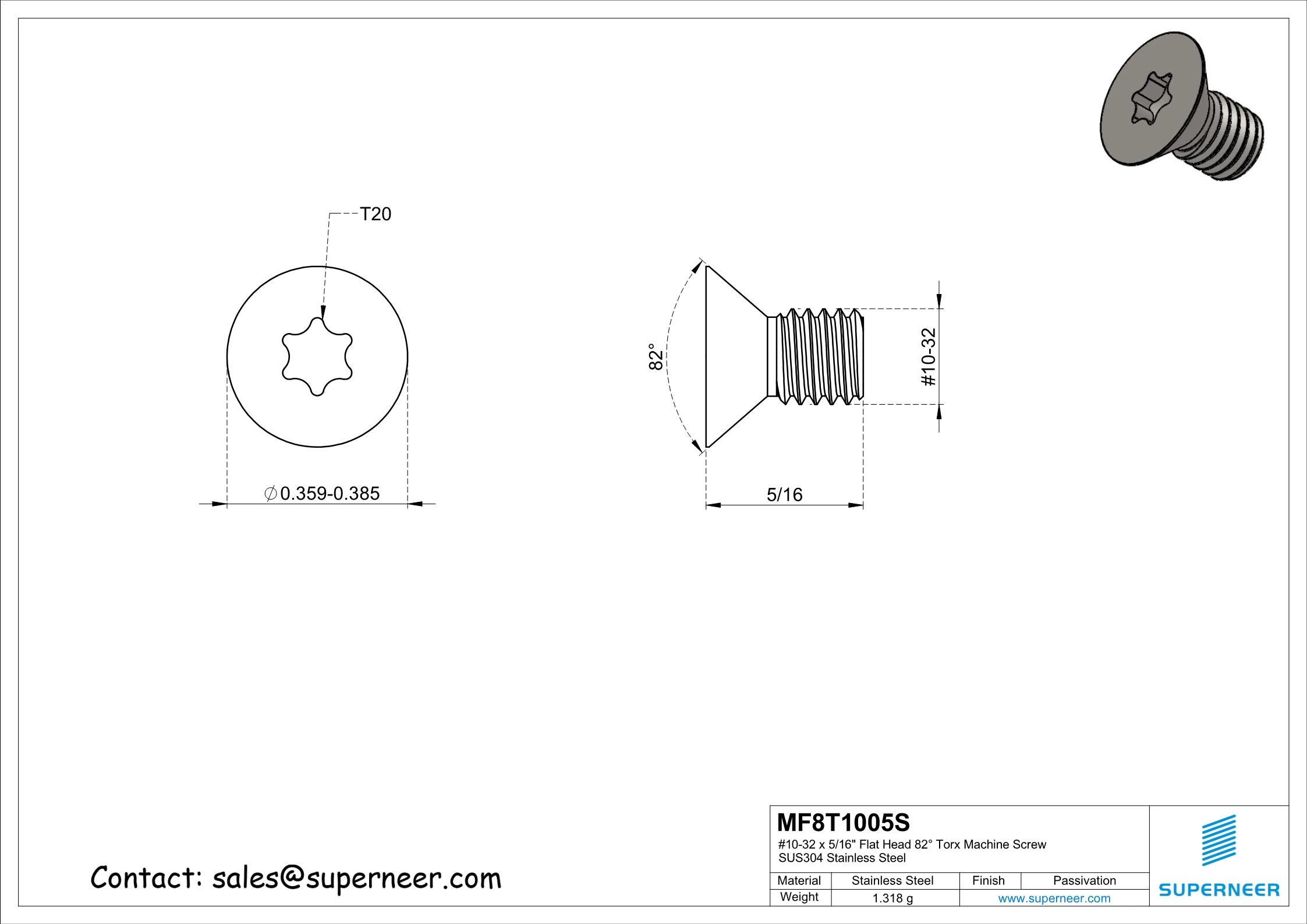 10-32 x 5/16" Flat Head 82° Torx Machine Screw SUS304 Stainless Steel Inox