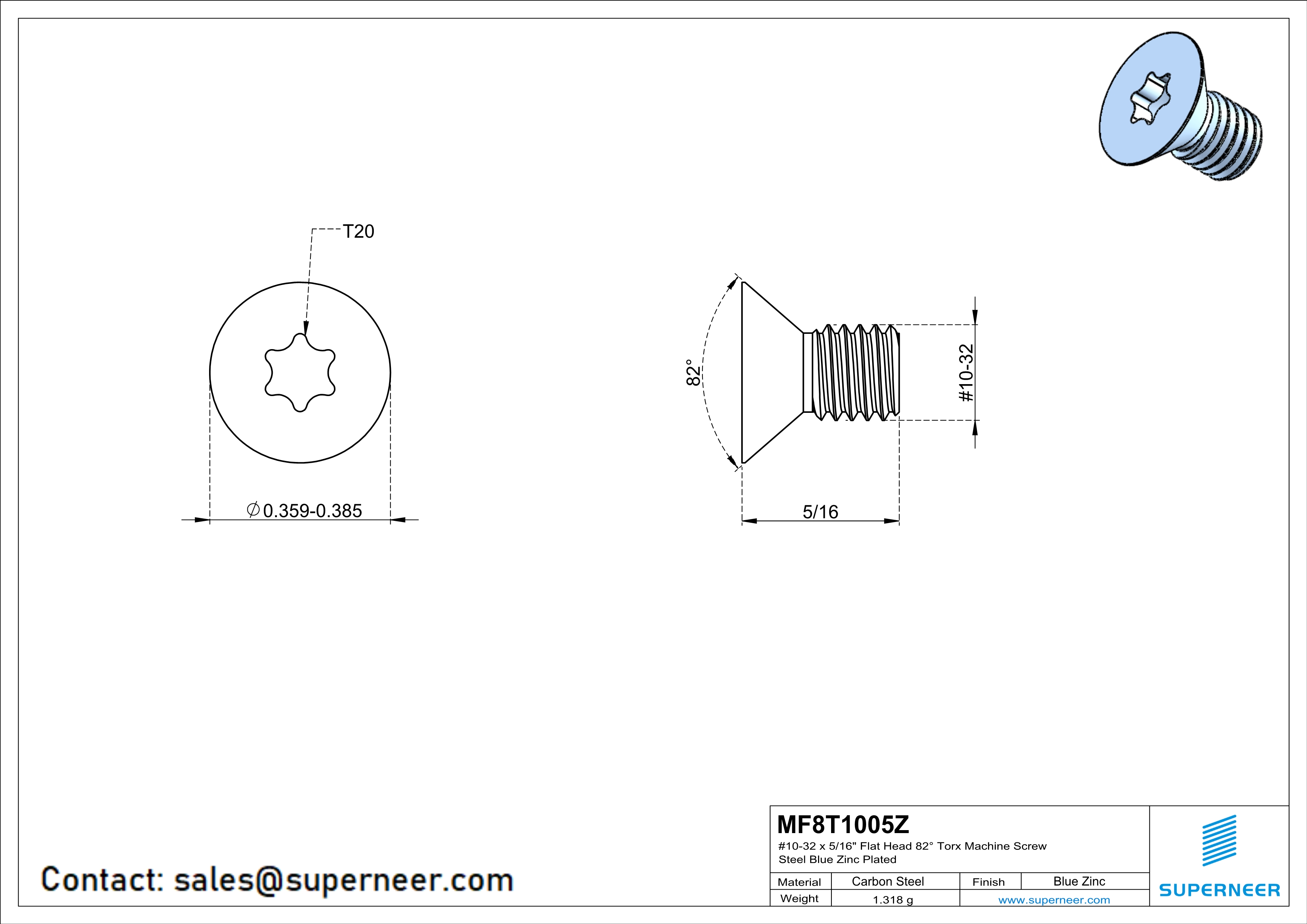 10-32 x 5/16" Flat Head 82° Torx Machine Screw Steel Blue Zinc Plated