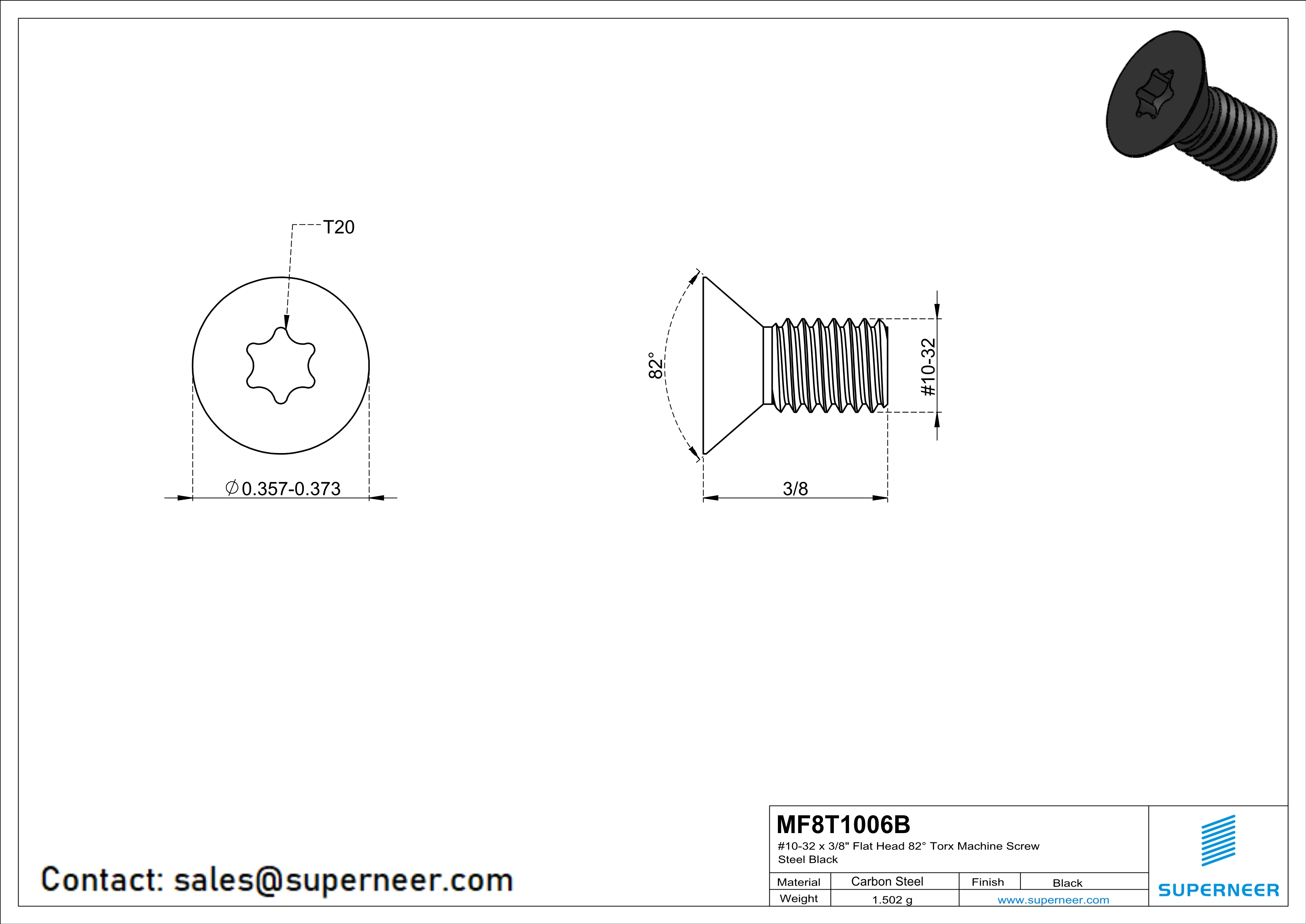 10-32 x 3/8" Flat Head 82° Torx Machine Screw Steel Black